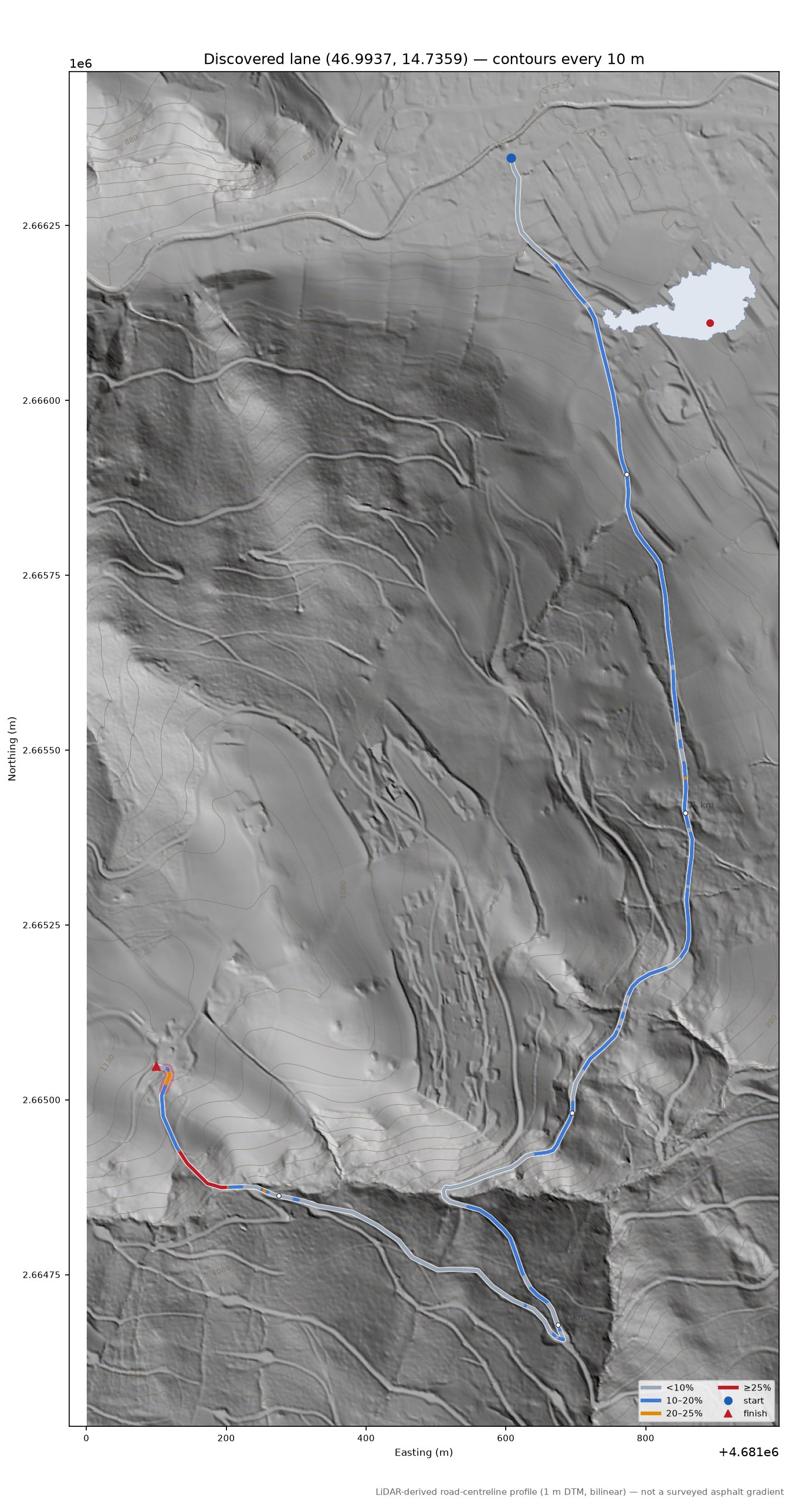 Discovered lane (46.9937, 14.7359) LiDAR hillshade map with contours