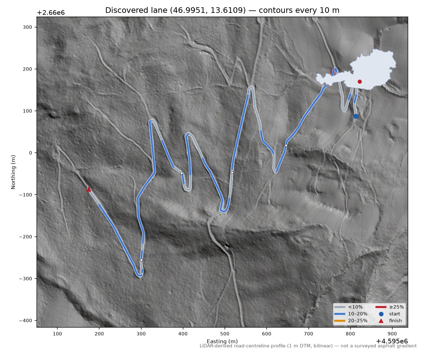 Discovered lane (46.9951, 13.6109) LiDAR hillshade map with contours