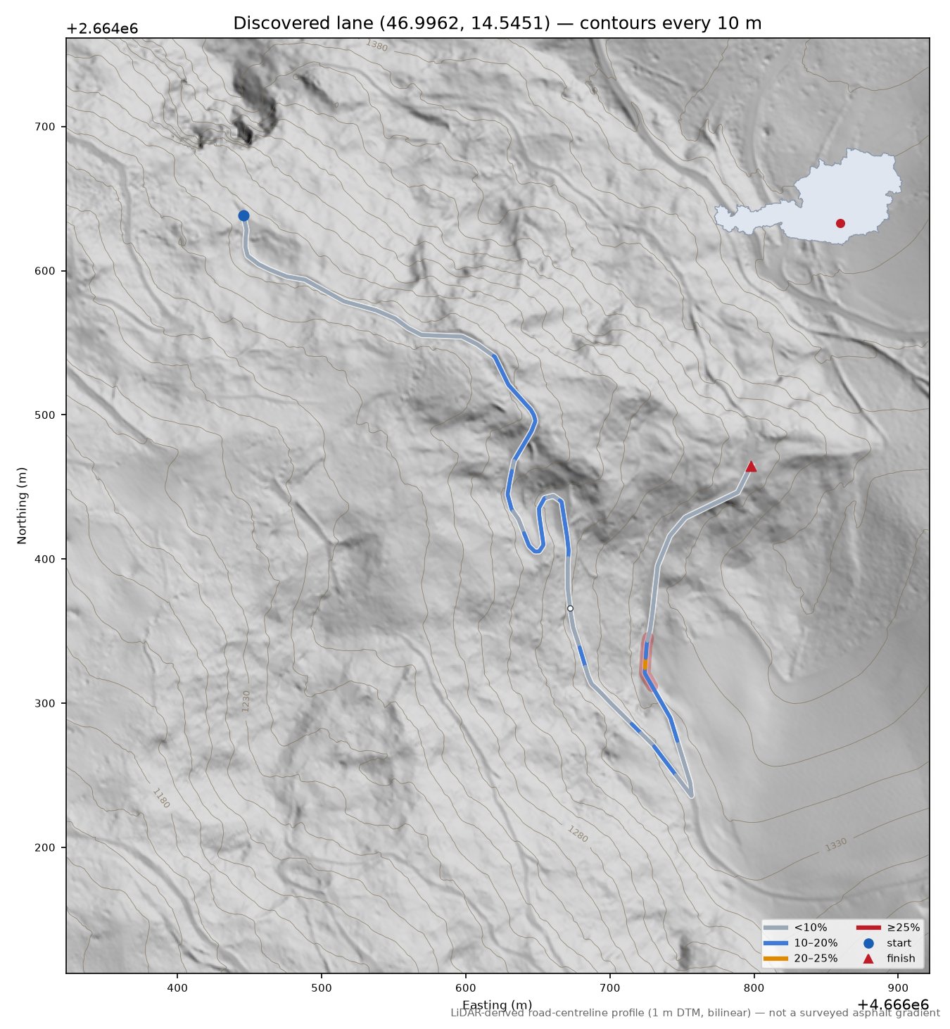 Discovered lane (46.9962, 14.5451) LiDAR hillshade map with contours