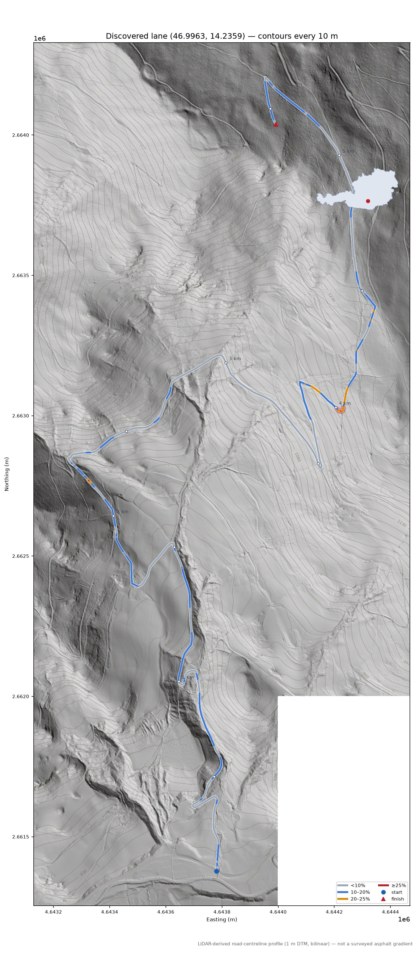 Discovered lane (46.9963, 14.2359) LiDAR hillshade map with contours