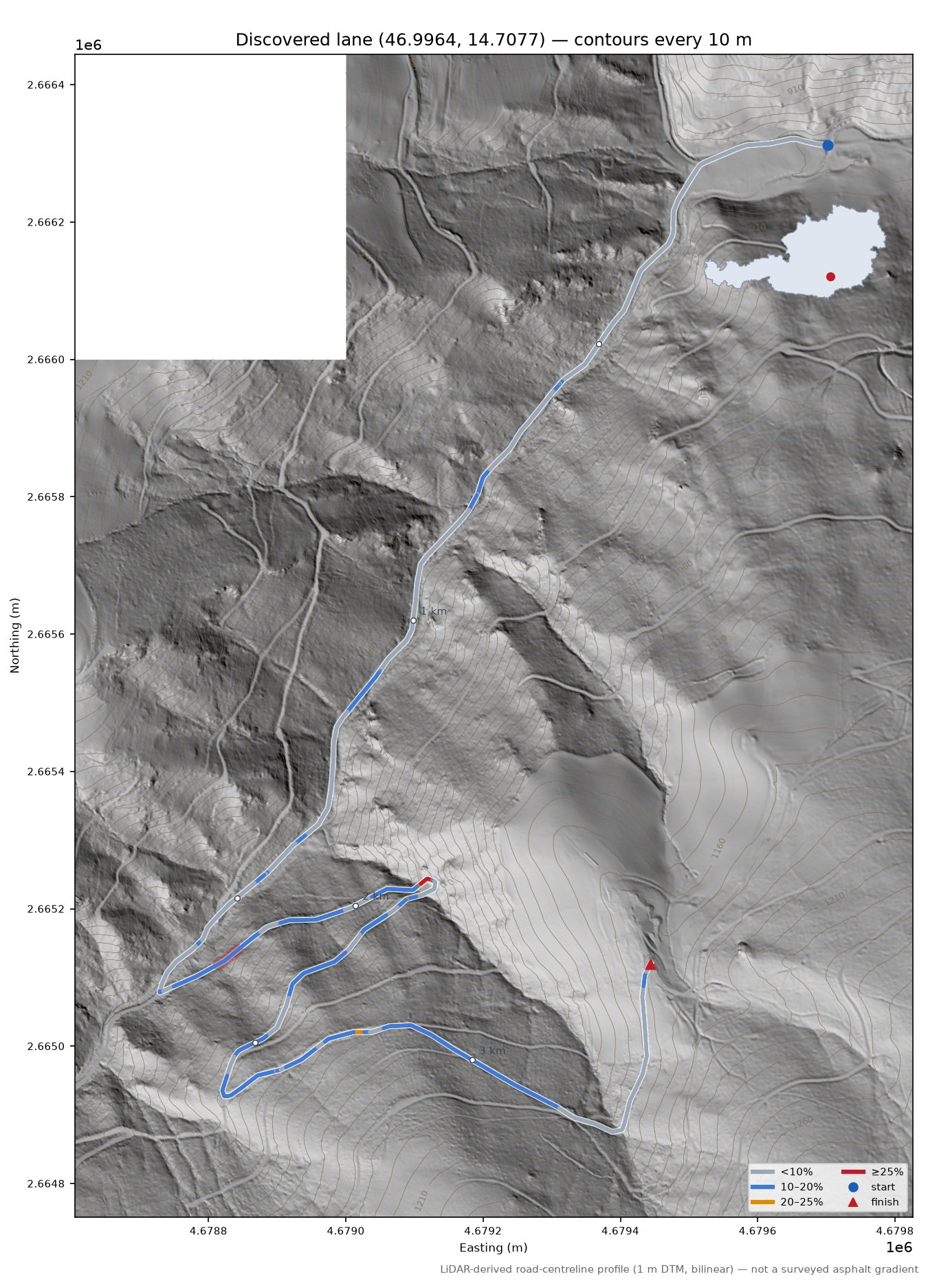 Discovered lane (46.9964, 14.7077) LiDAR hillshade map with contours