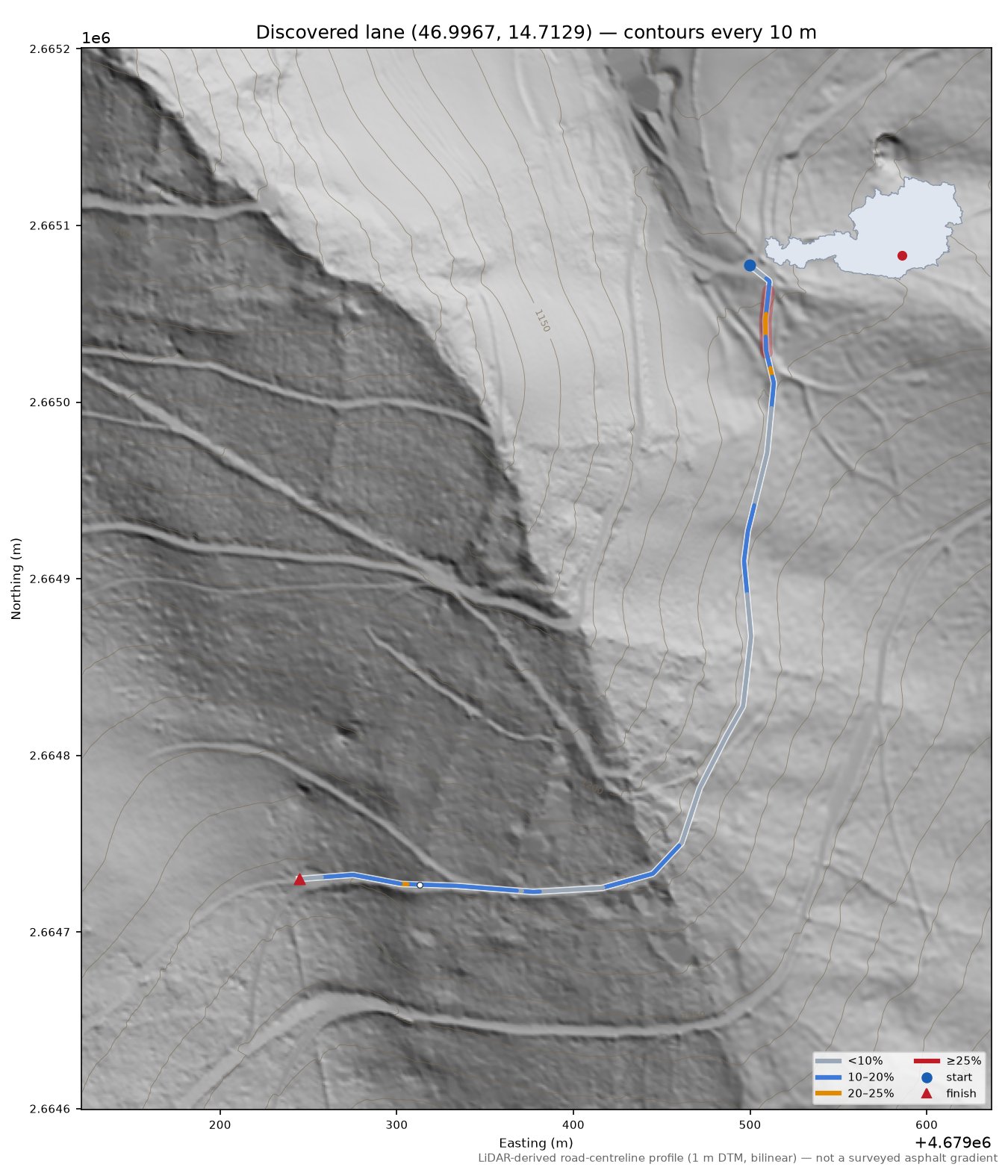 Discovered lane (46.9967, 14.7129) LiDAR hillshade map with contours