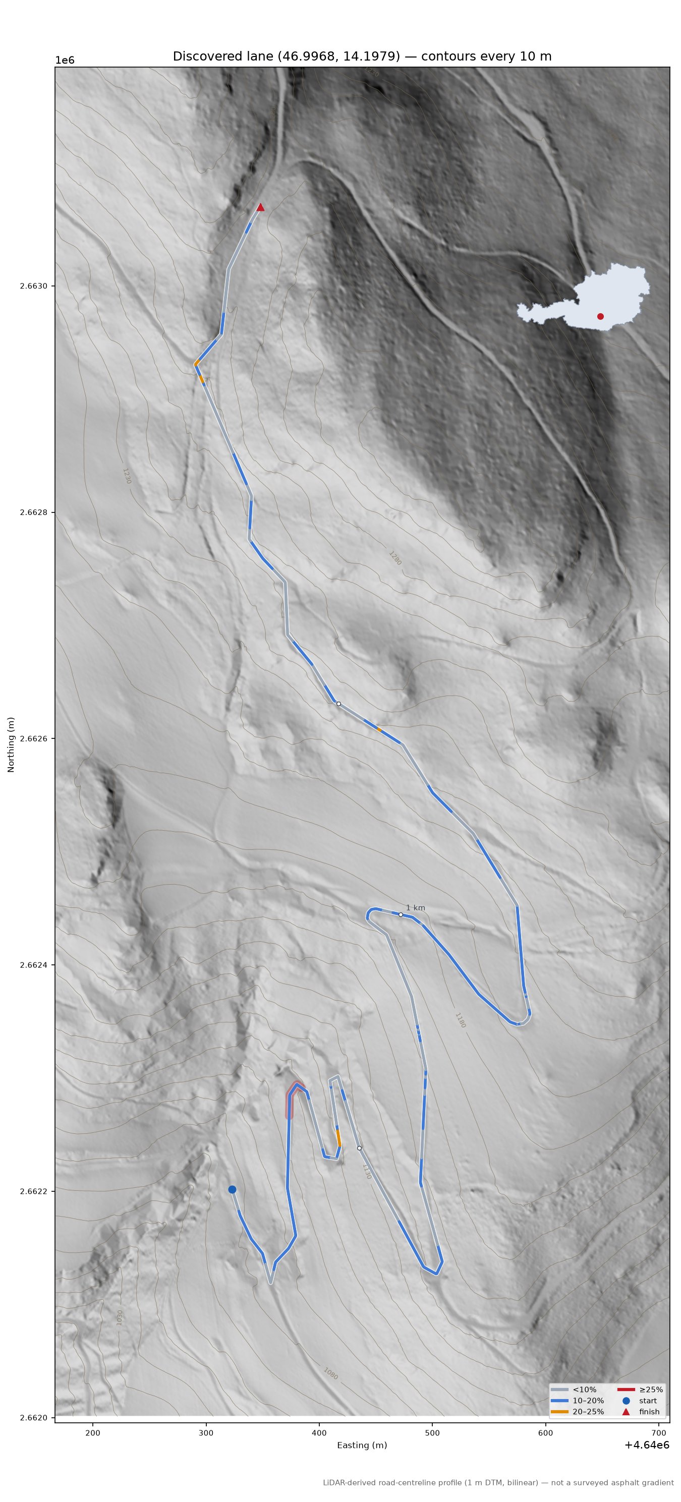 Discovered lane (46.9968, 14.1979) LiDAR hillshade map with contours