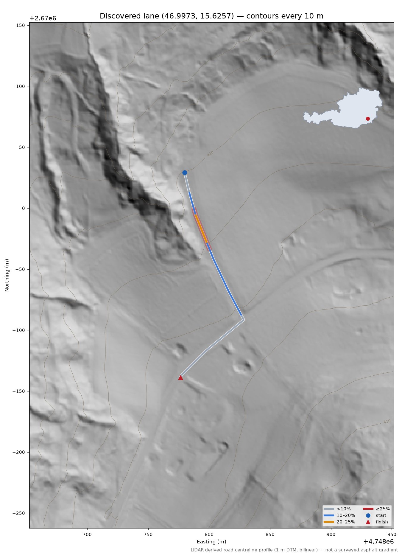 Discovered lane (46.9973, 15.6257) LiDAR hillshade map with contours