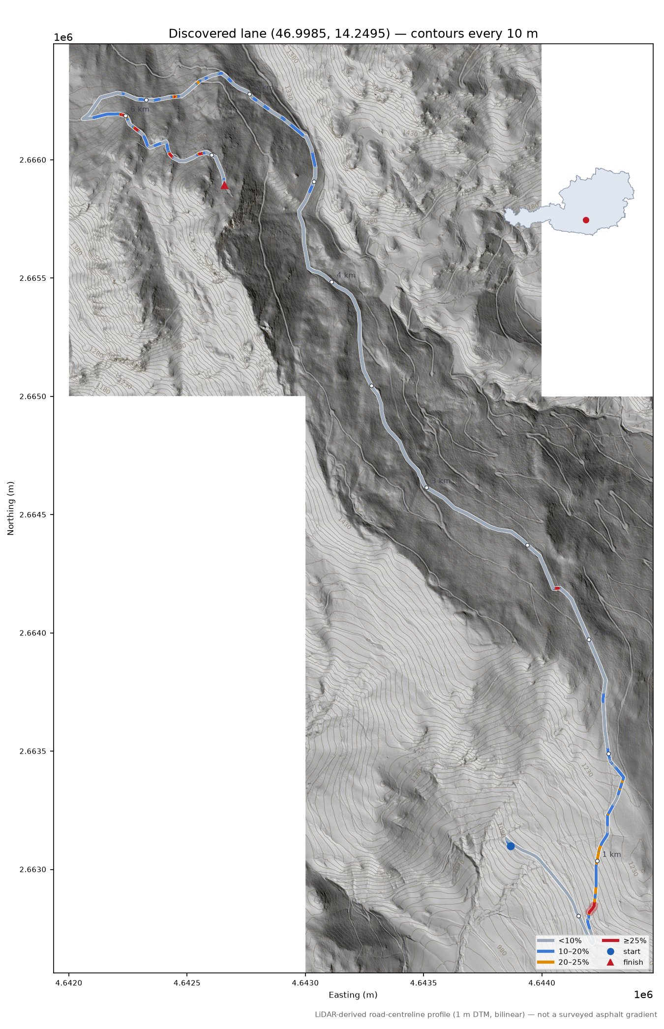 Discovered lane (46.9985, 14.2495) LiDAR hillshade map with contours