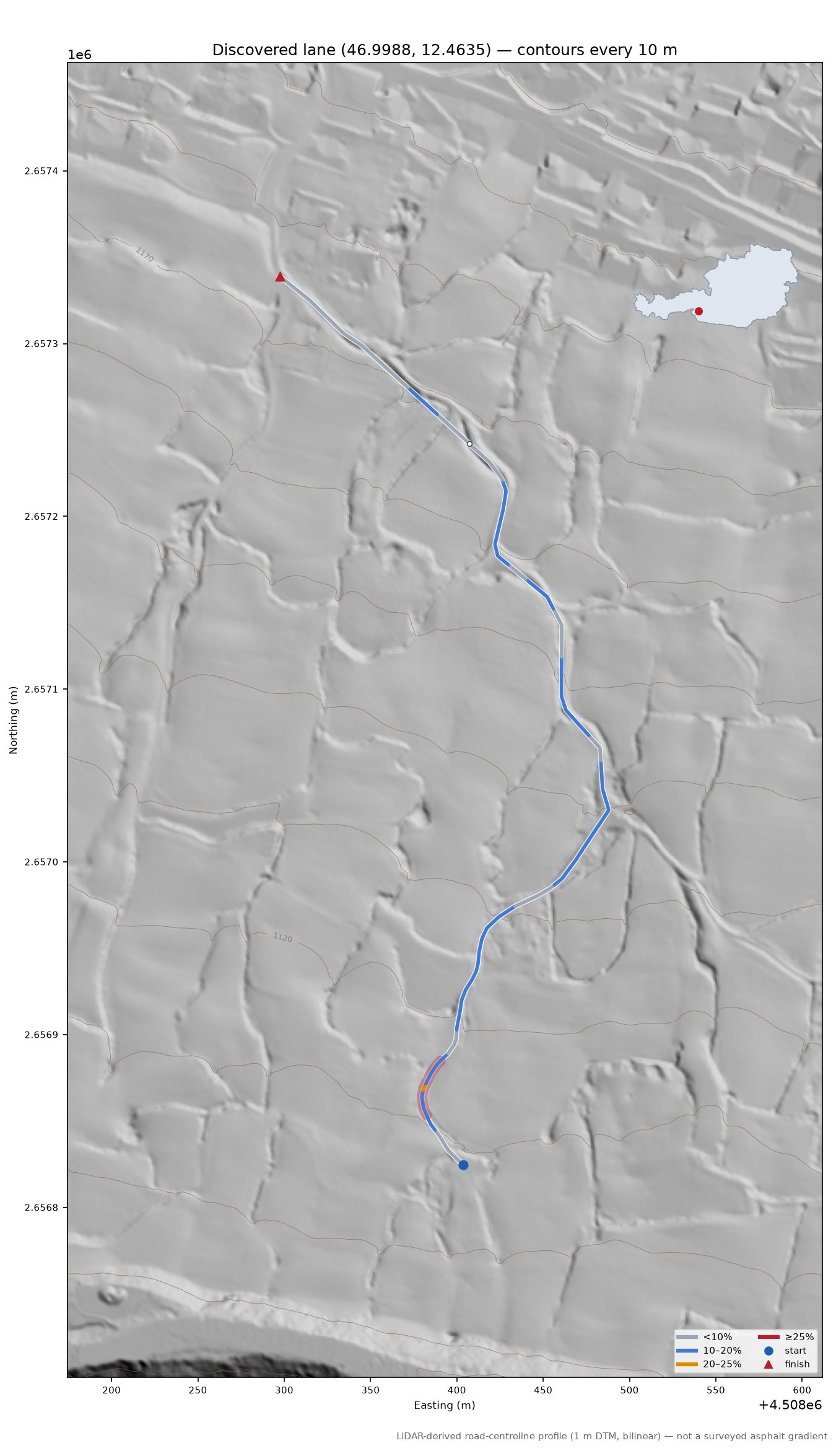 Discovered lane (46.9988, 12.4635) LiDAR hillshade map with contours
