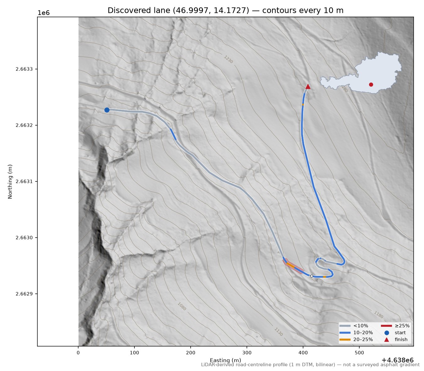Discovered lane (46.9997, 14.1727) LiDAR hillshade map with contours