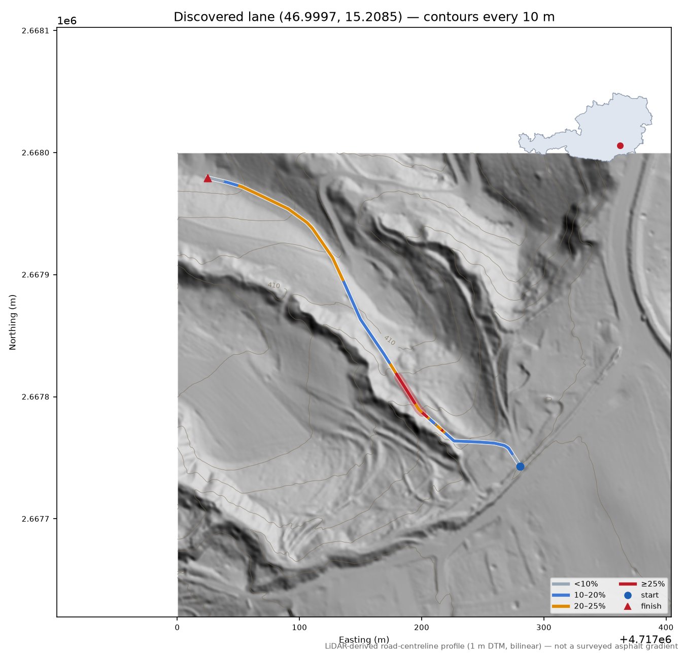 Discovered lane (46.9997, 15.2085) LiDAR hillshade map with contours
