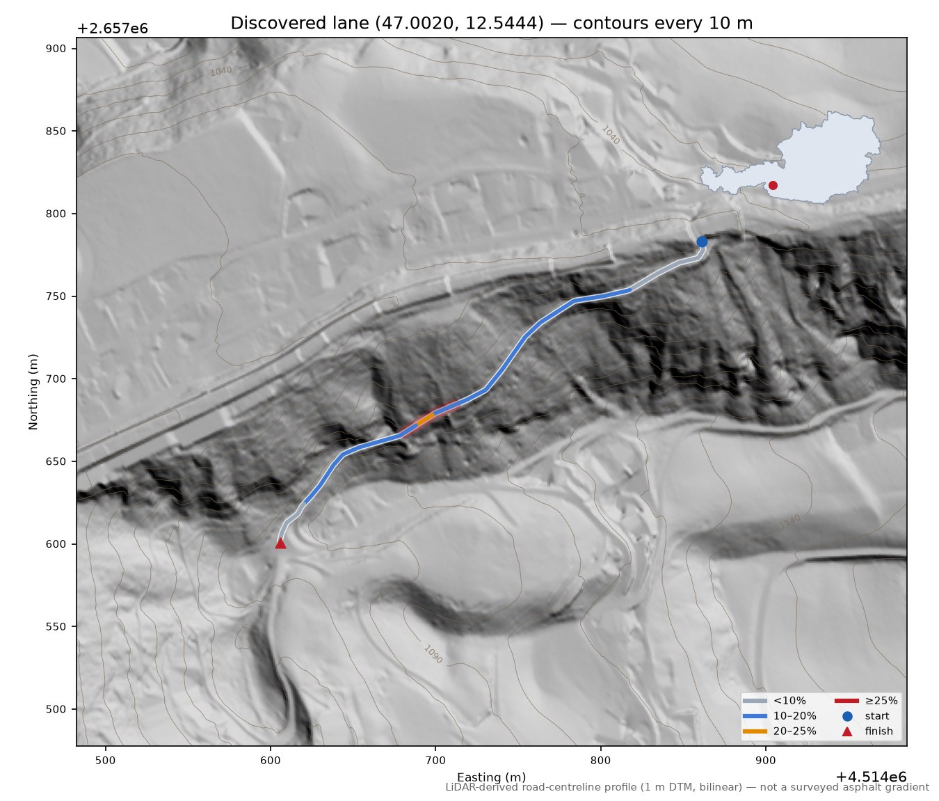 Discovered lane (47.0020, 12.5444) LiDAR hillshade map with contours