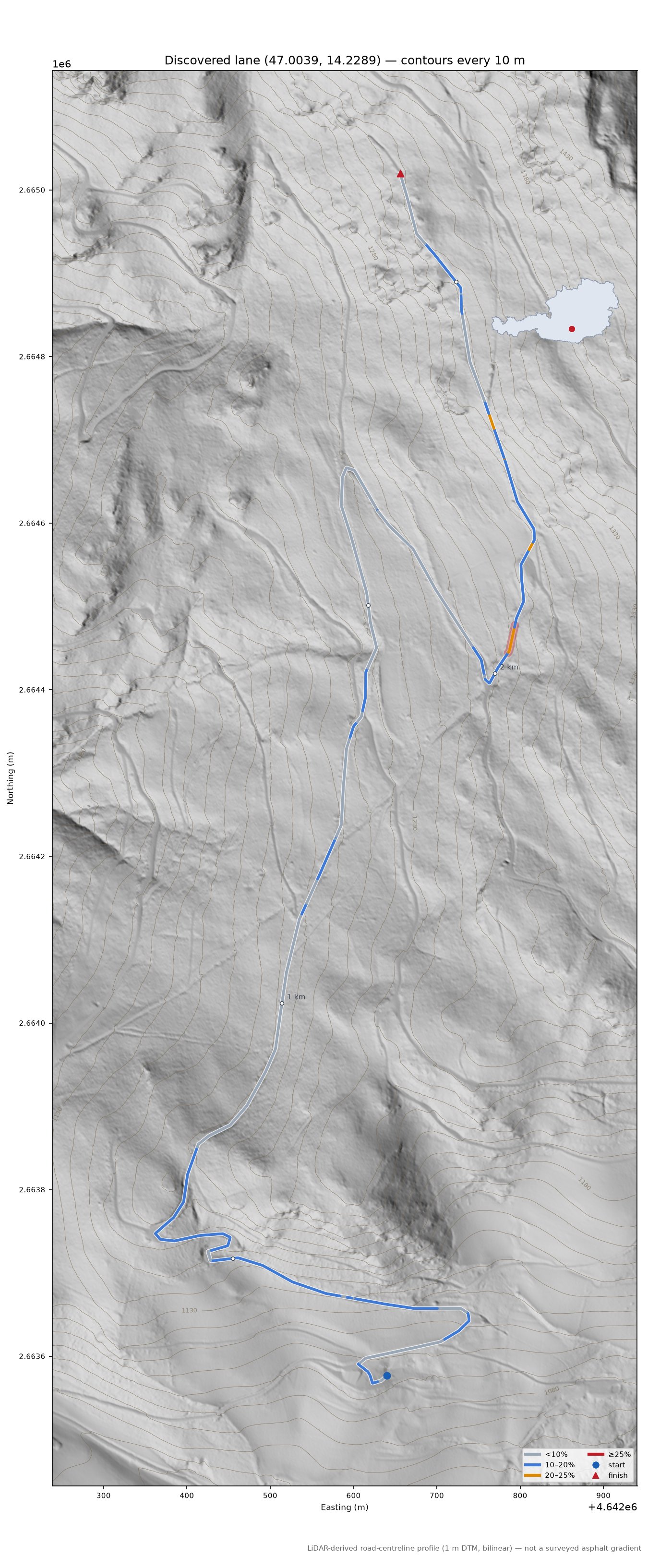 Discovered lane (47.0039, 14.2289) LiDAR hillshade map with contours