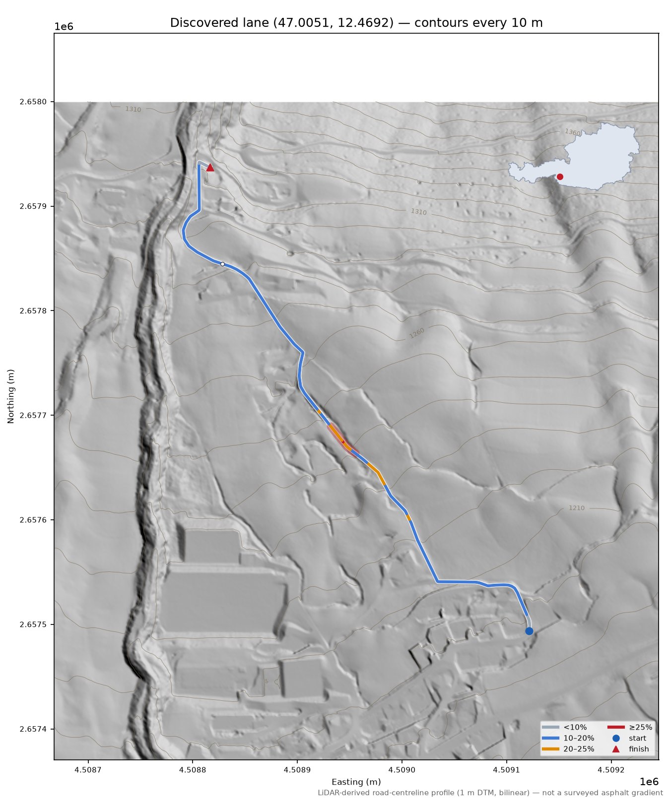 Discovered lane (47.0051, 12.4692) LiDAR hillshade map with contours