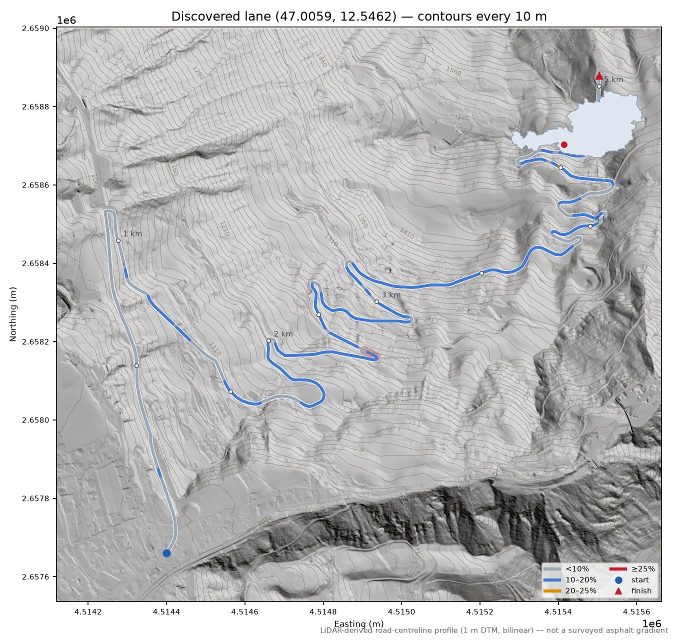 Discovered lane (47.0059, 12.5462) LiDAR hillshade map with contours