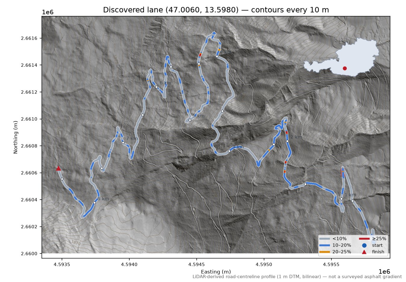 Discovered lane (47.0060, 13.5980) LiDAR hillshade map with contours