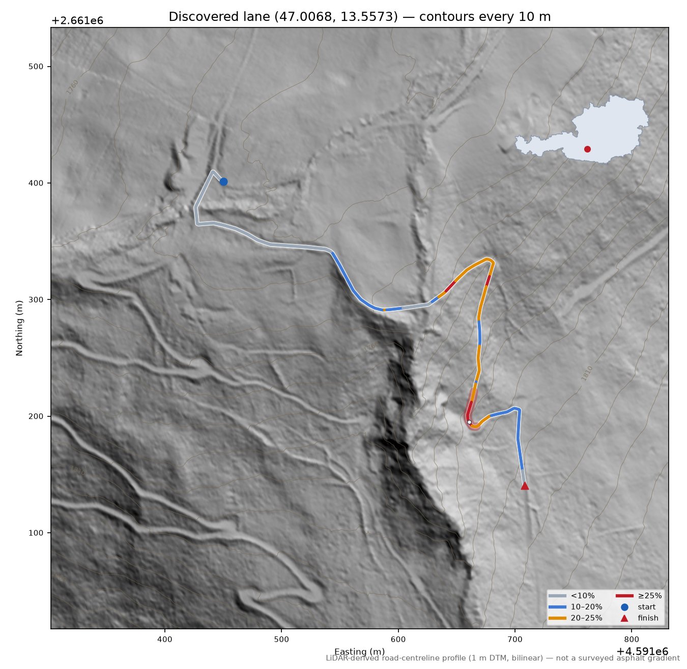 Discovered lane (47.0068, 13.5573) LiDAR hillshade map with contours