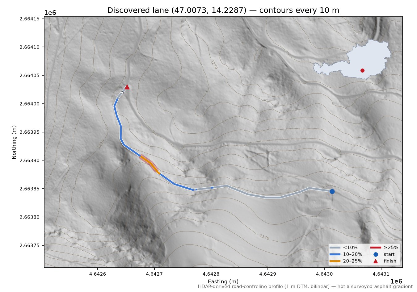 Discovered lane (47.0073, 14.2287) LiDAR hillshade map with contours