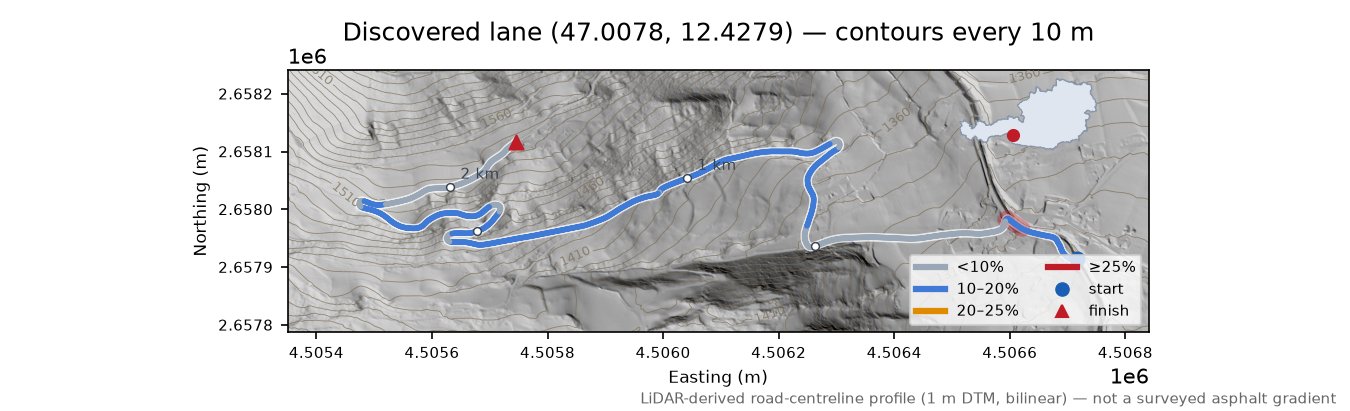 Discovered lane (47.0078, 12.4279) LiDAR hillshade map with contours