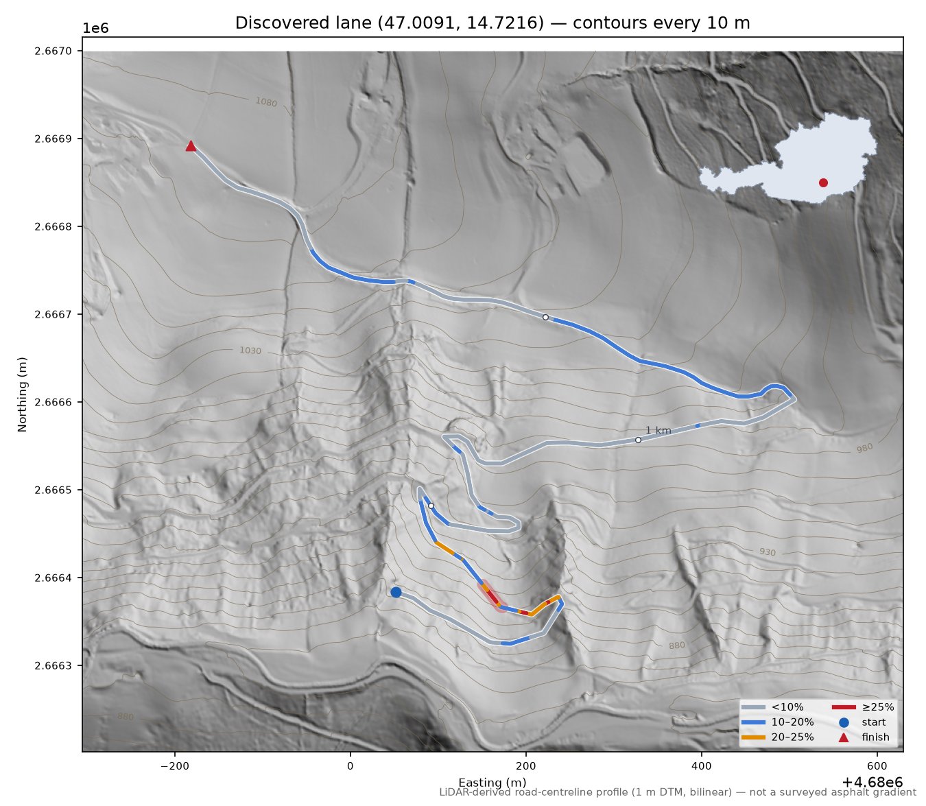 Discovered lane (47.0091, 14.7216) LiDAR hillshade map with contours
