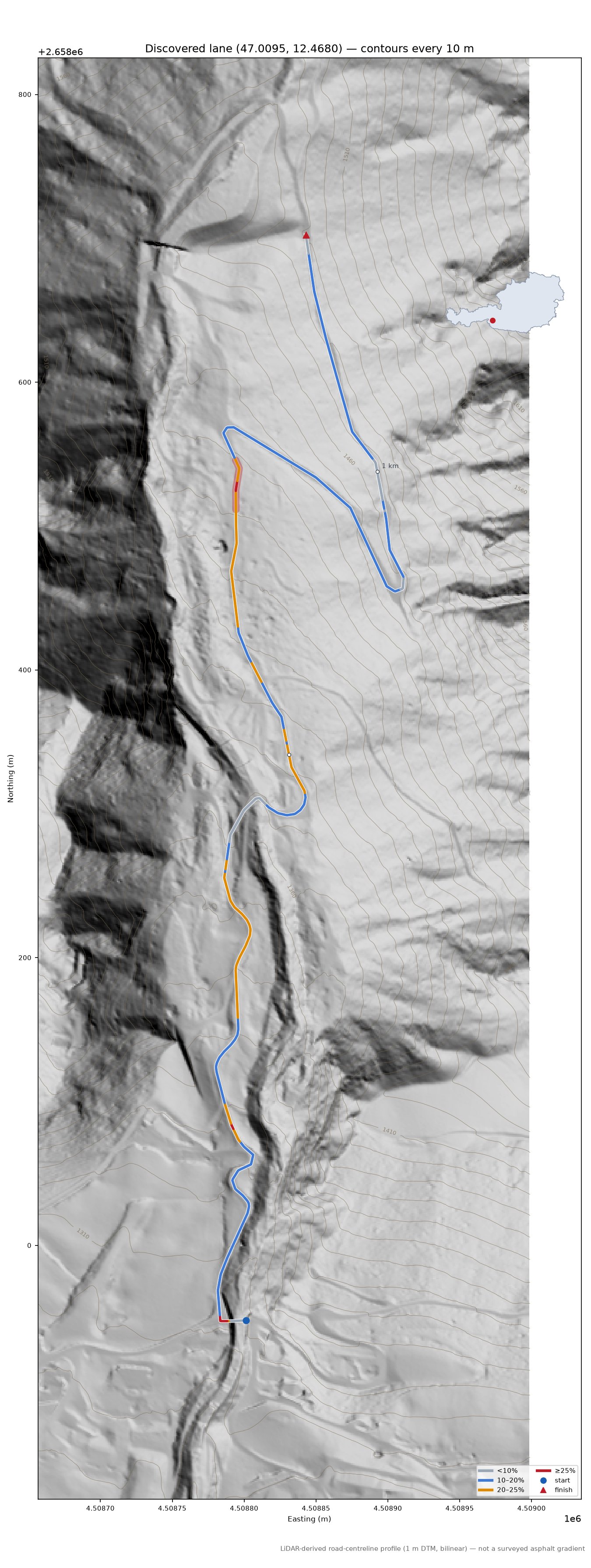 Discovered lane (47.0095, 12.4680) LiDAR hillshade map with contours