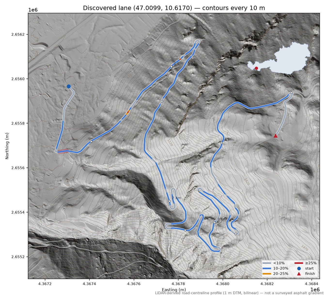 Discovered lane (47.0099, 10.6170) LiDAR hillshade map with contours