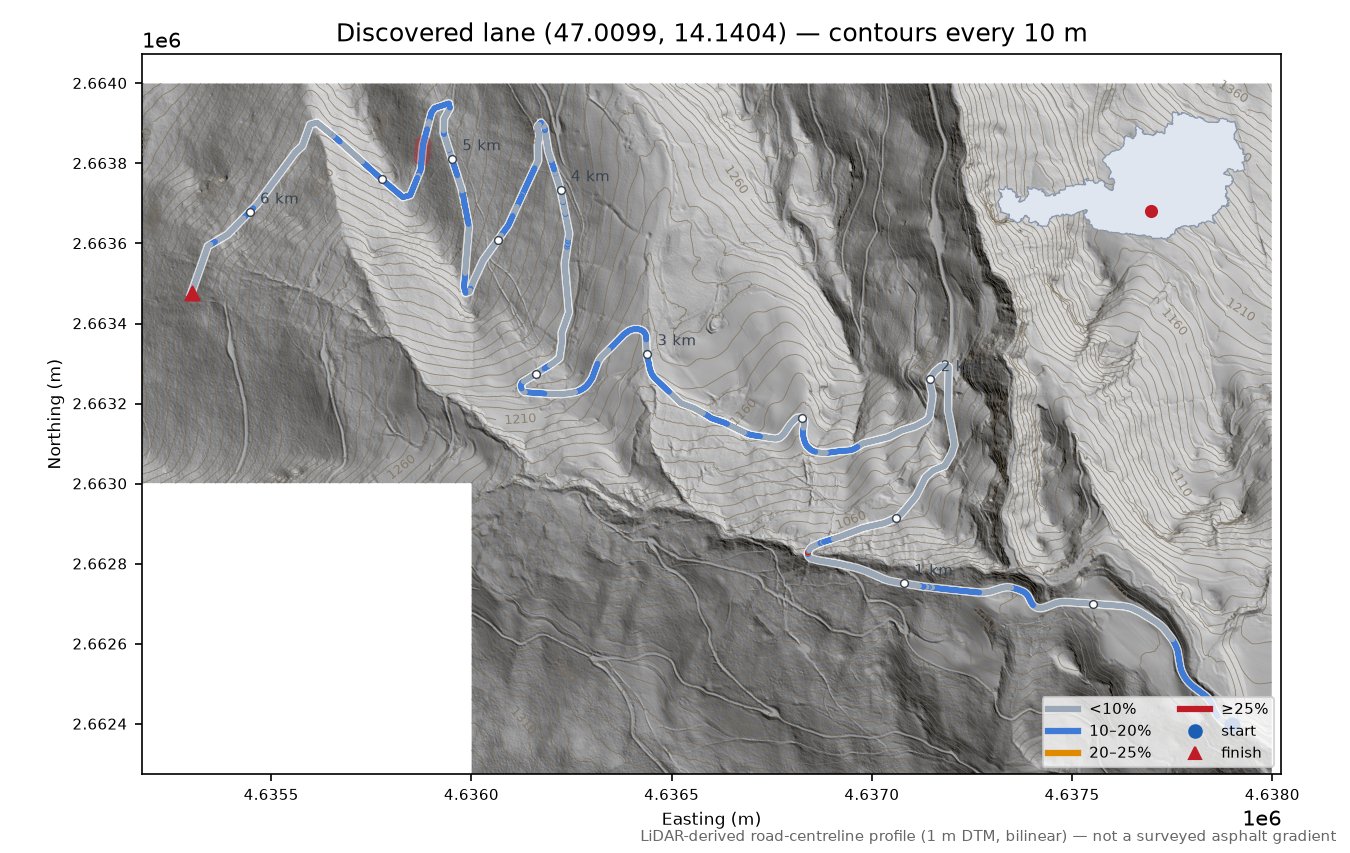 Discovered lane (47.0099, 14.1404) LiDAR hillshade map with contours