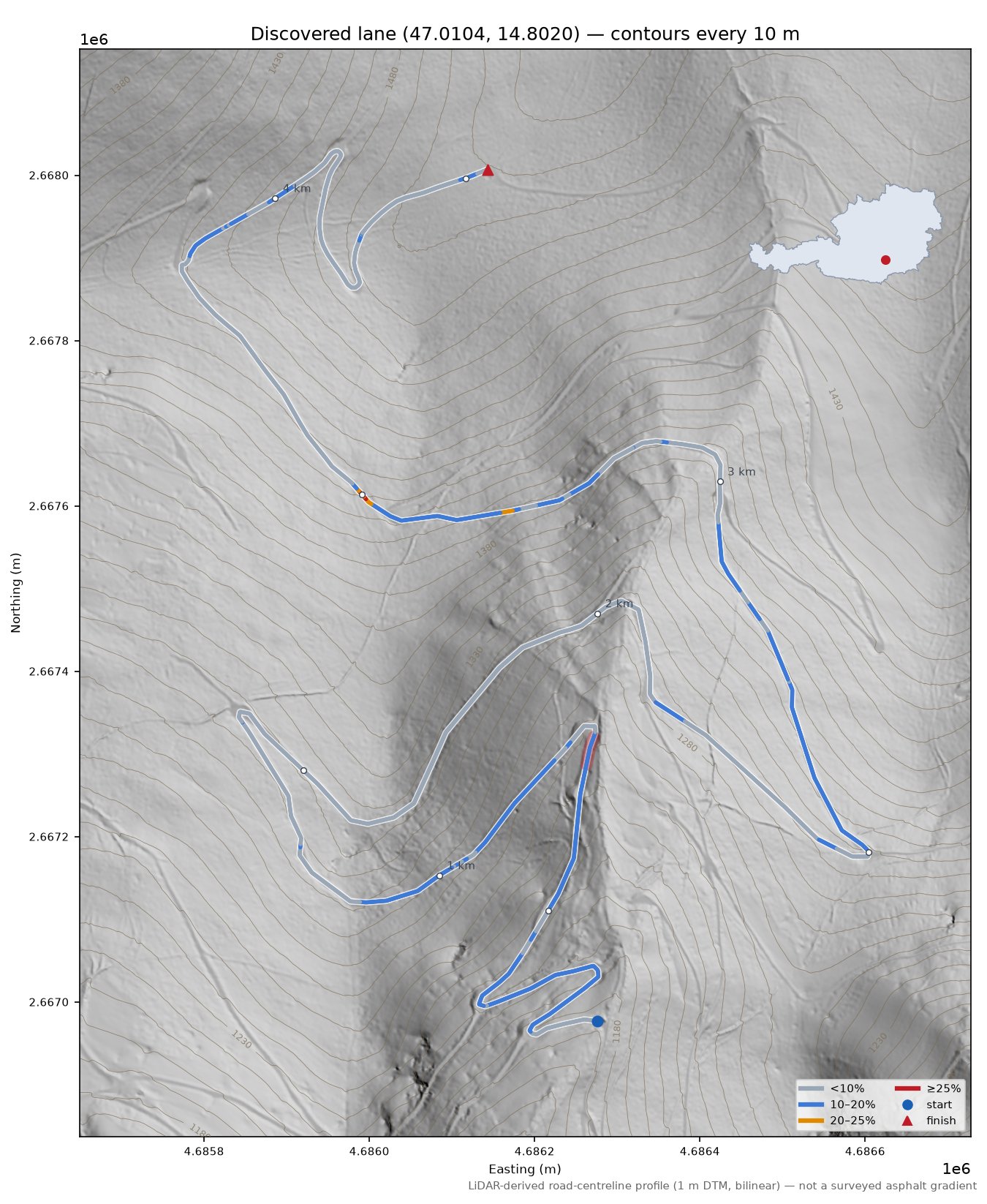 Discovered lane (47.0104, 14.8020) LiDAR hillshade map with contours