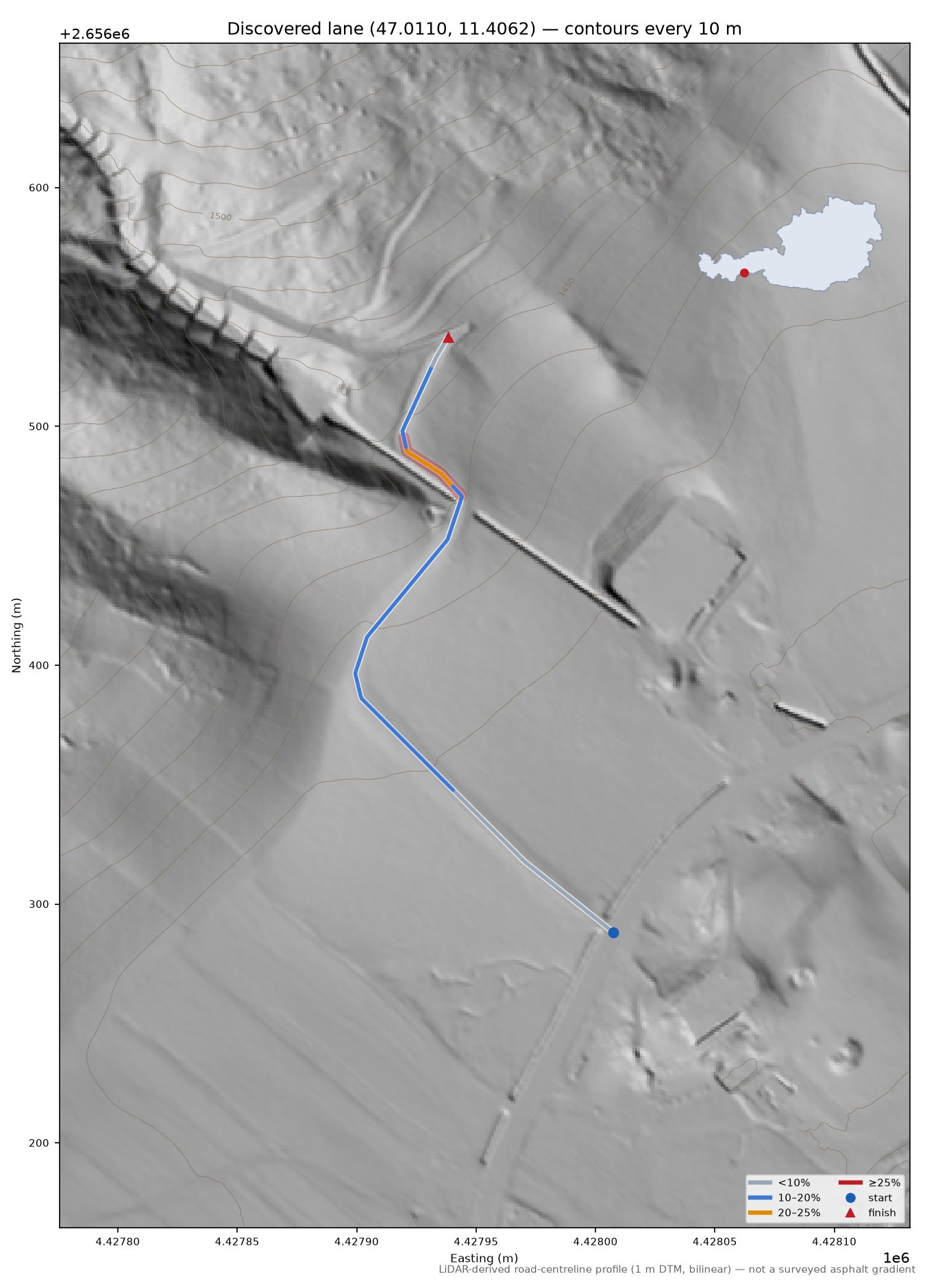 Discovered lane (47.0110, 11.4062) LiDAR hillshade map with contours