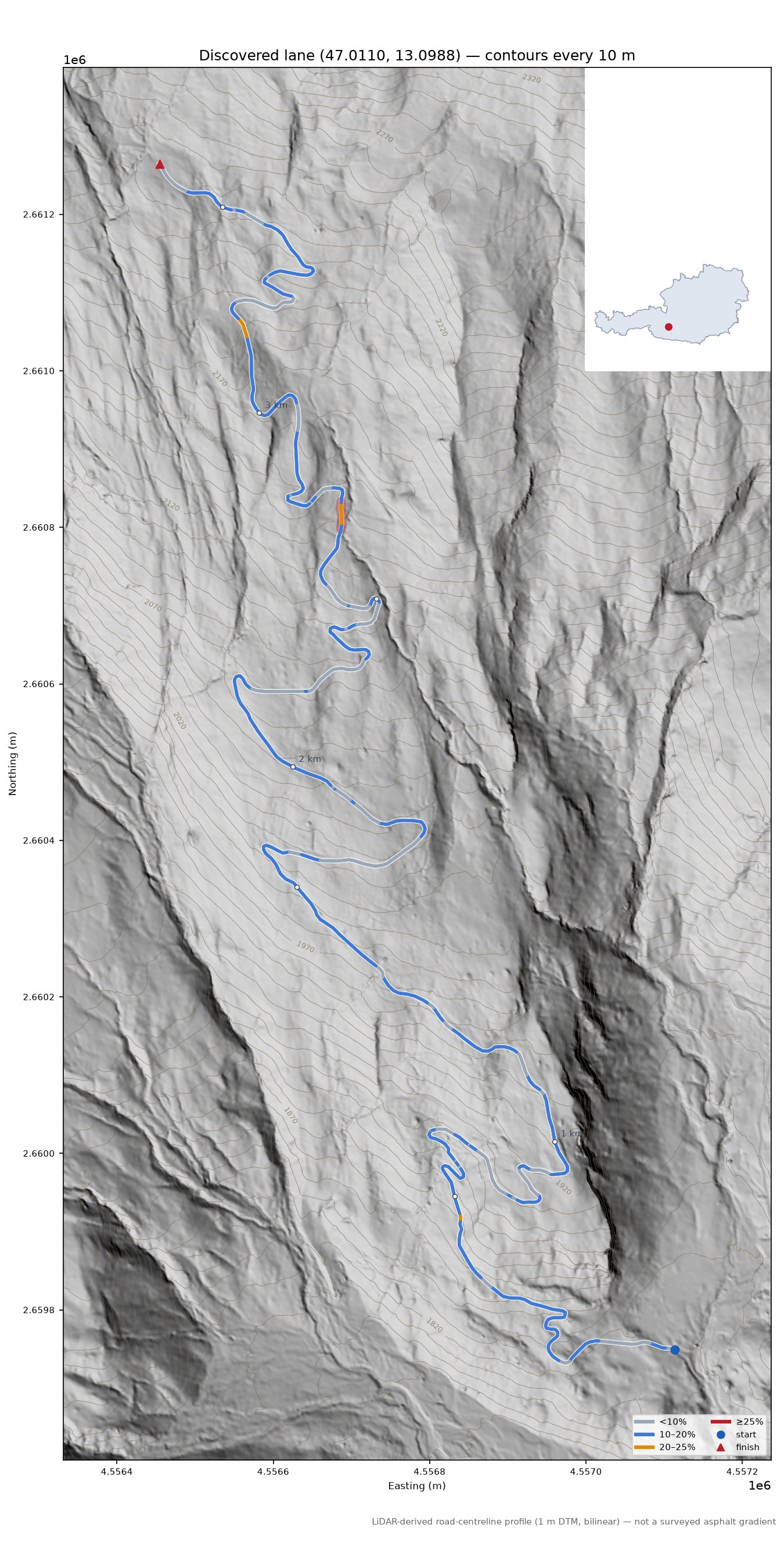 Discovered lane (47.0110, 13.0988) LiDAR hillshade map with contours