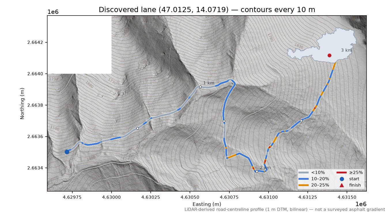 Discovered lane (47.0125, 14.0719) LiDAR hillshade map with contours