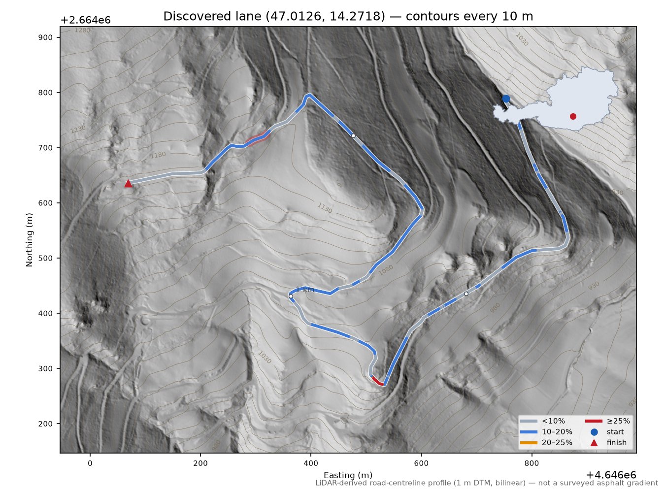 Discovered lane (47.0126, 14.2718) LiDAR hillshade map with contours
