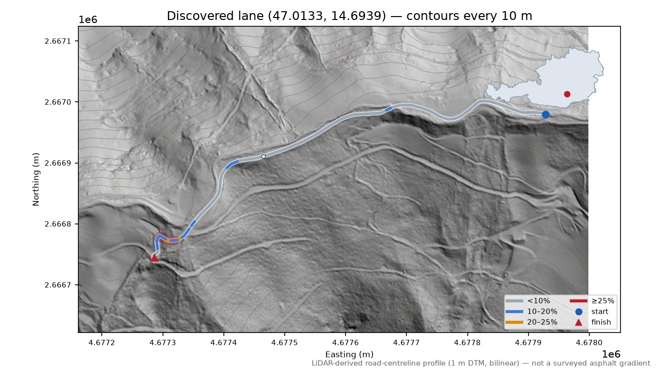 Discovered lane (47.0133, 14.6939) LiDAR hillshade map with contours