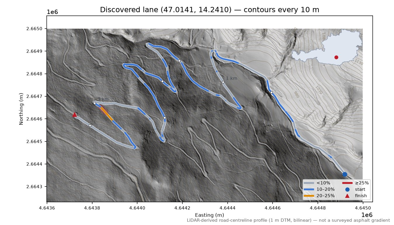 Discovered lane (47.0141, 14.2410) LiDAR hillshade map with contours