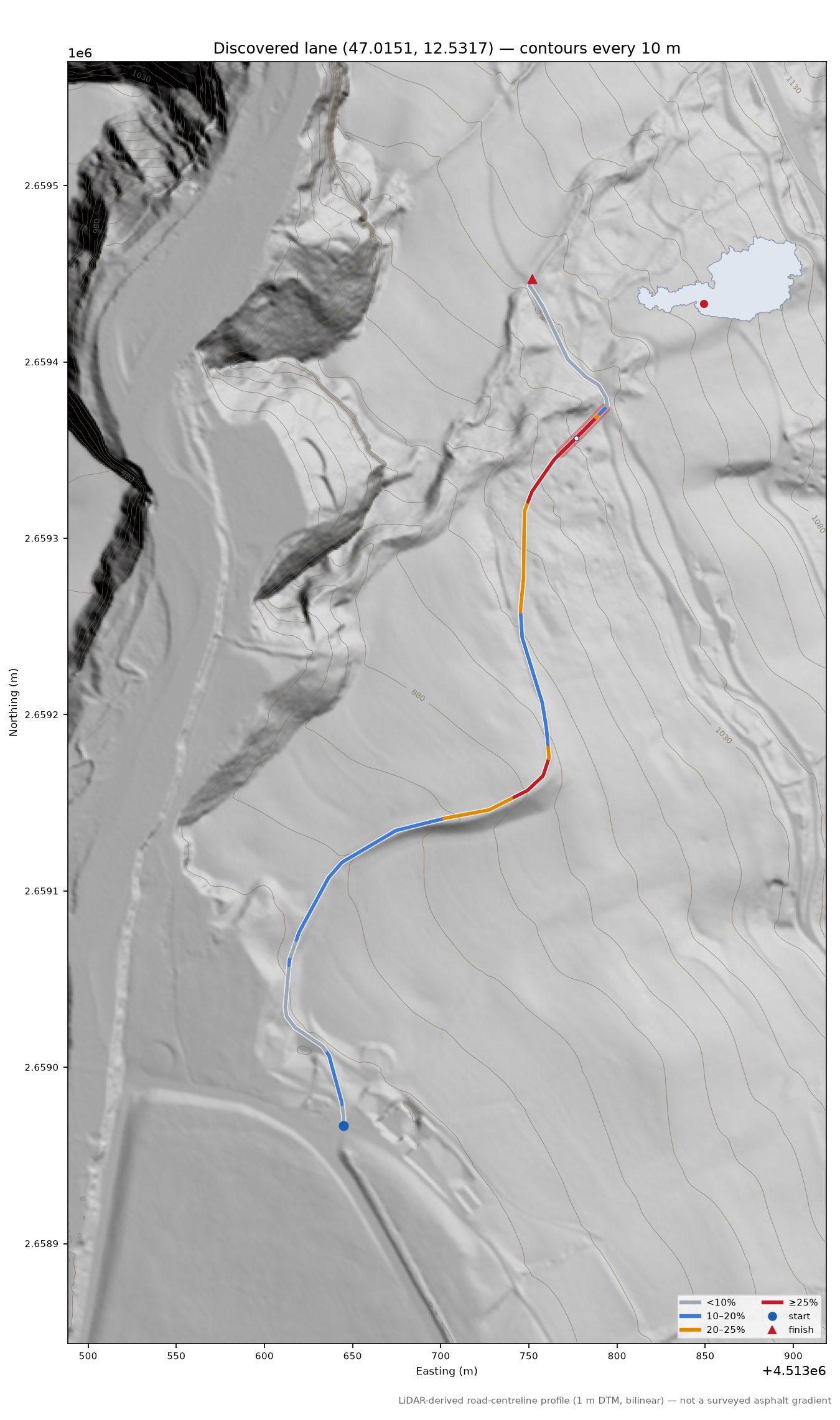 Discovered lane (47.0151, 12.5317) LiDAR hillshade map with contours