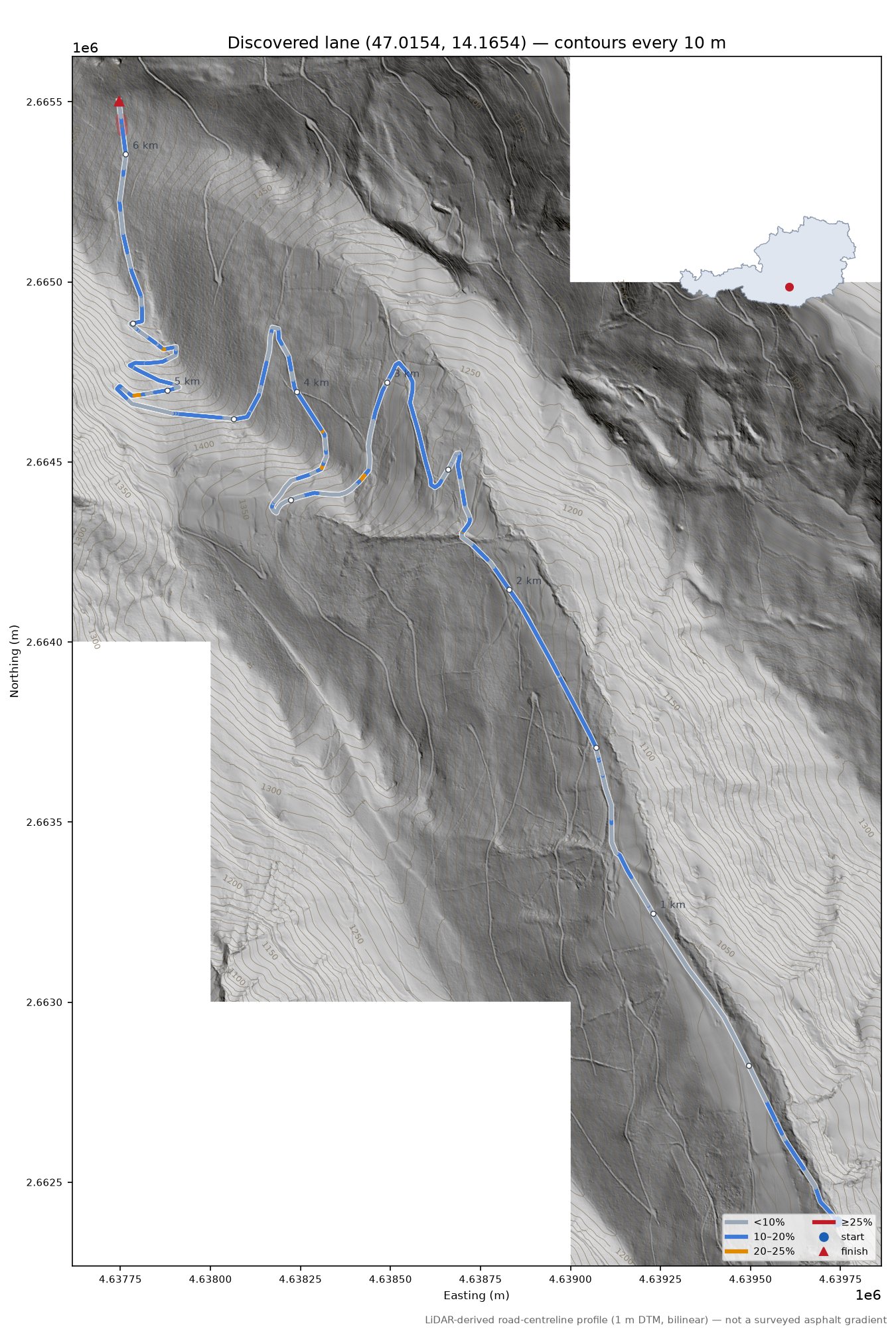 Discovered lane (47.0154, 14.1654) LiDAR hillshade map with contours