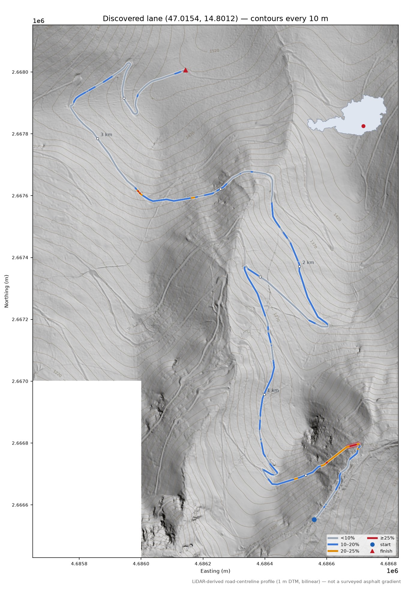 Discovered lane (47.0154, 14.8012) LiDAR hillshade map with contours