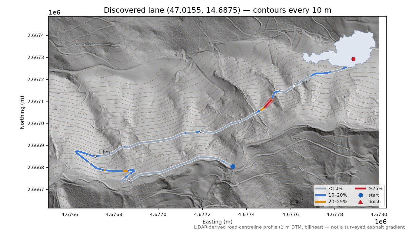Discovered lane (47.0155, 14.6875) LiDAR hillshade map with contours