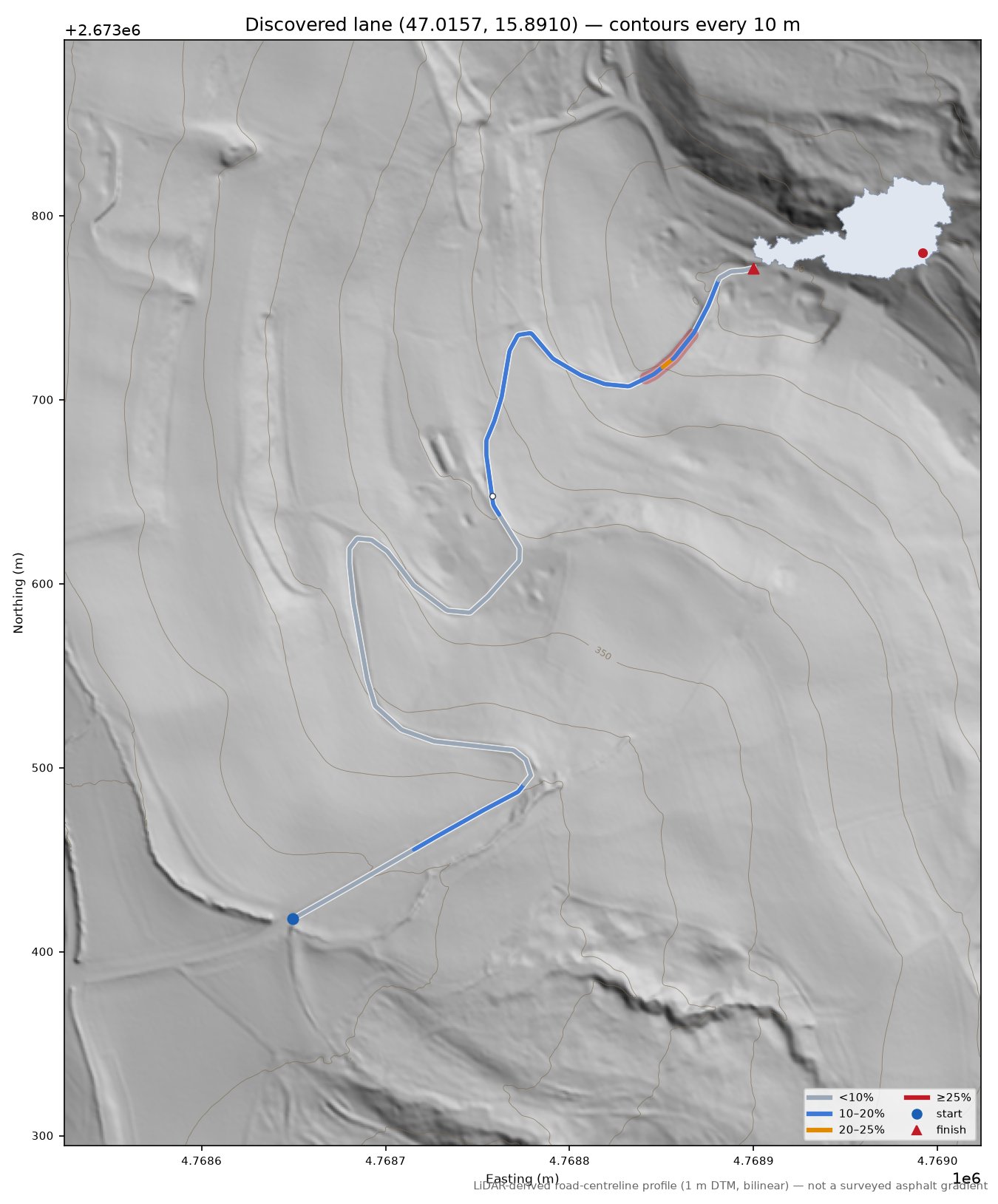 Discovered lane (47.0157, 15.8910) LiDAR hillshade map with contours