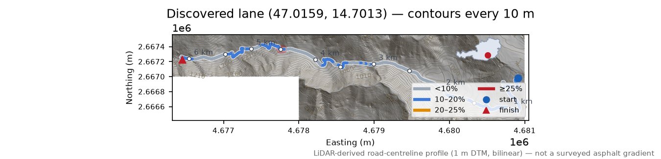 Discovered lane (47.0159, 14.7013) LiDAR hillshade map with contours