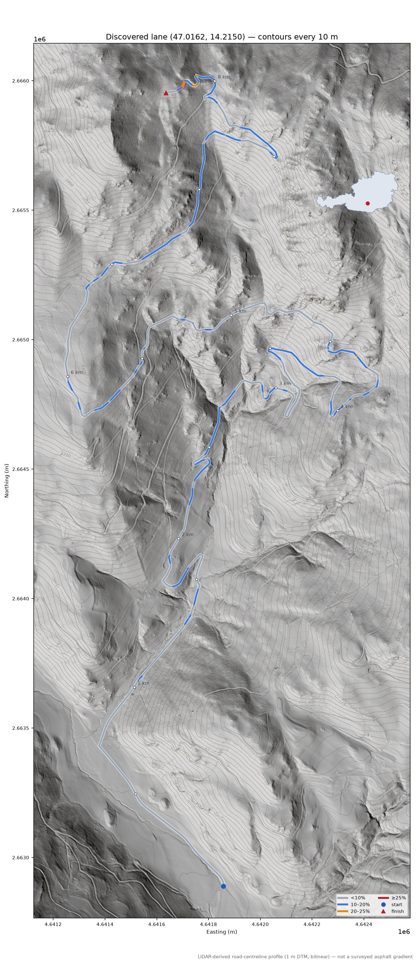 Discovered lane (47.0162, 14.2150) LiDAR hillshade map with contours