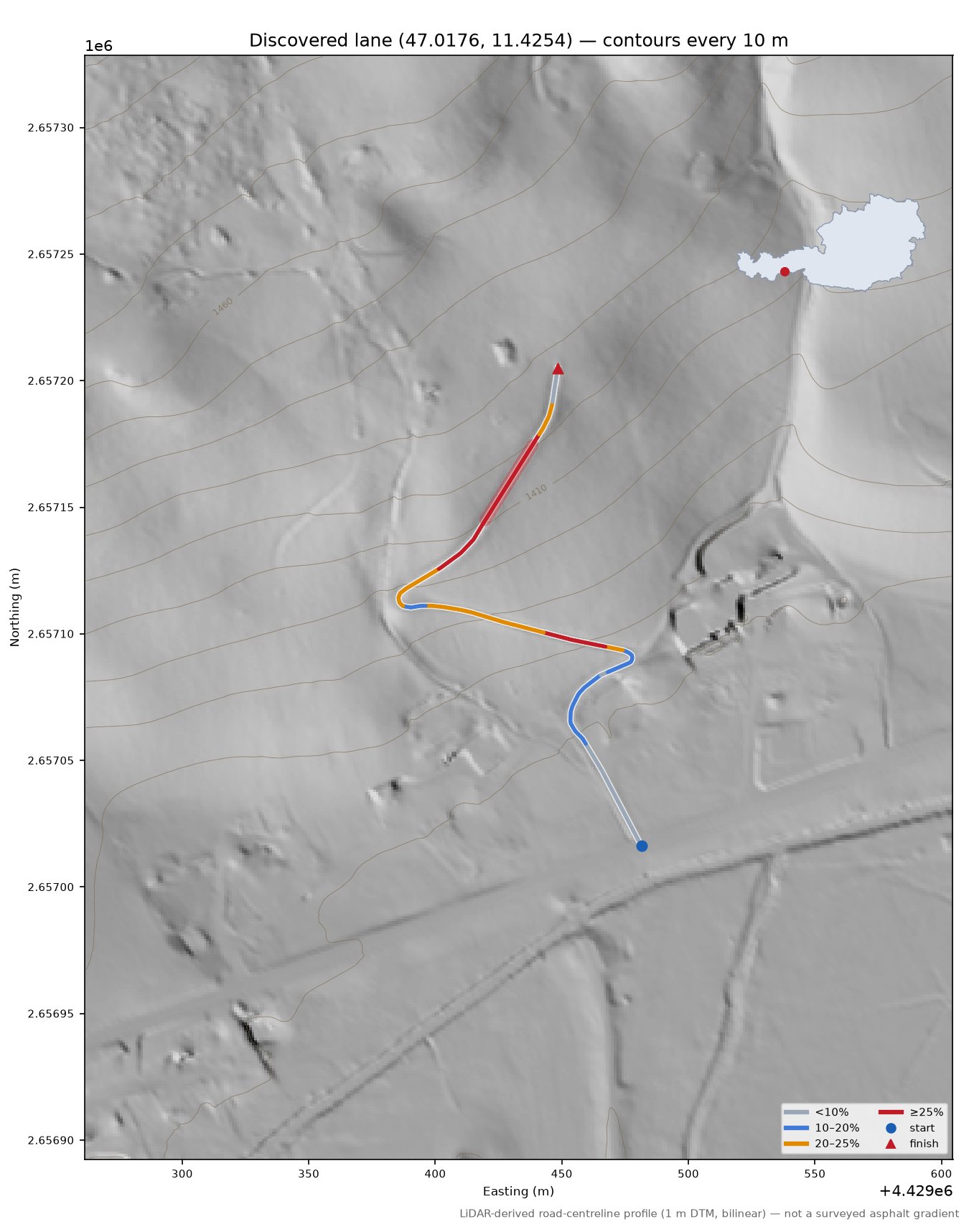 Discovered lane (47.0176, 11.4254) LiDAR hillshade map with contours
