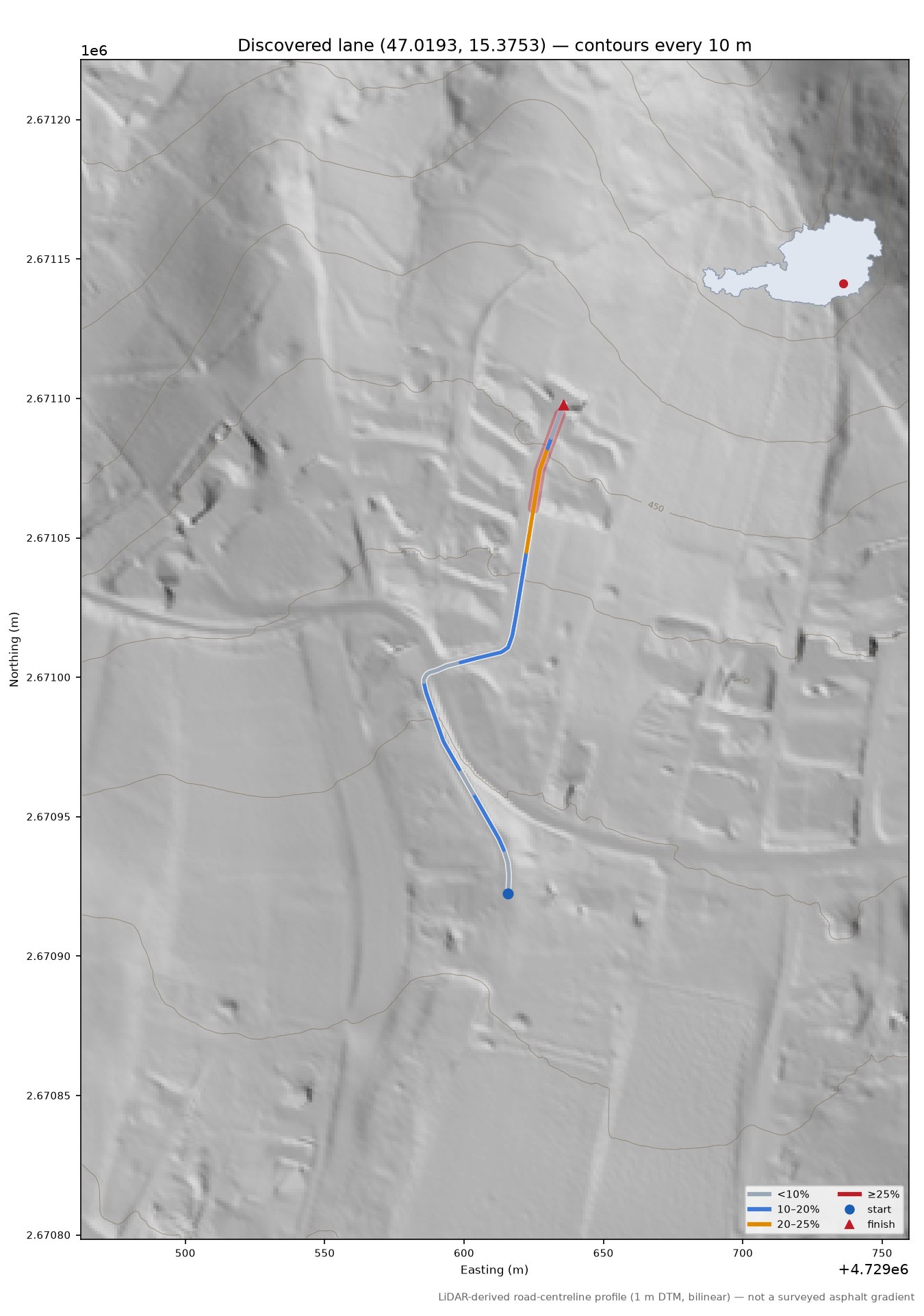 Discovered lane (47.0193, 15.3753) LiDAR hillshade map with contours