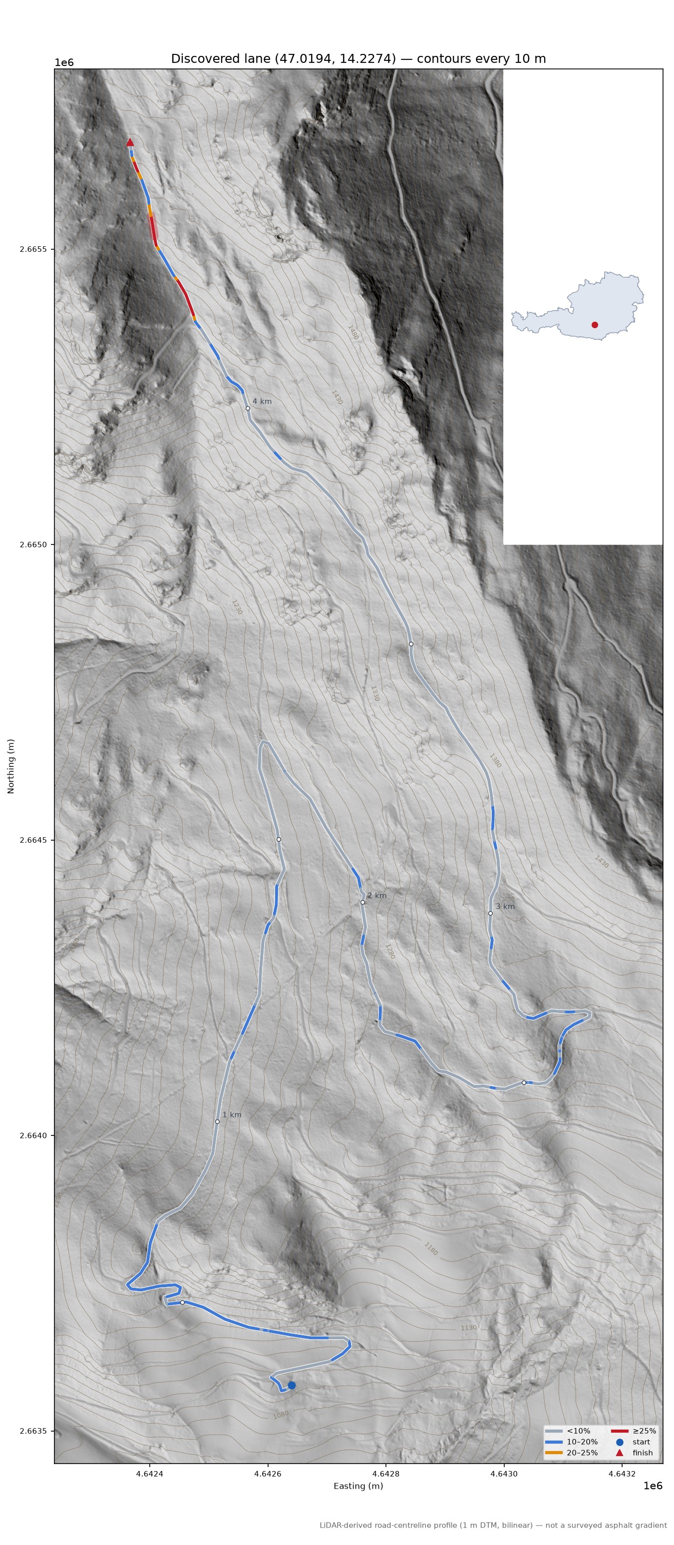 Discovered lane (47.0194, 14.2274) LiDAR hillshade map with contours