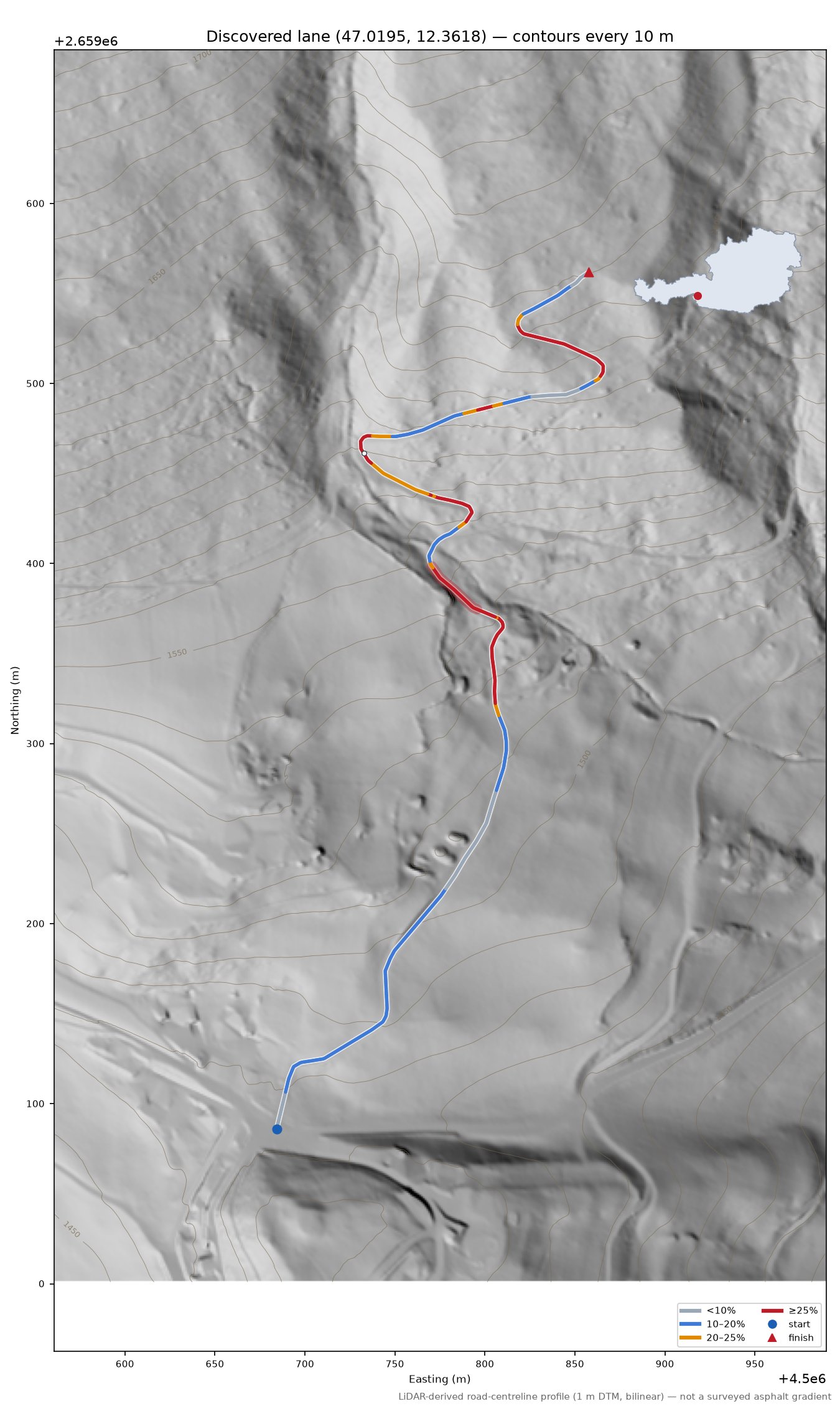 Discovered lane (47.0195, 12.3618) LiDAR hillshade map with contours