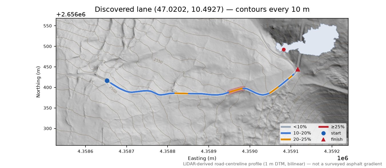 Discovered lane (47.0202, 10.4927) LiDAR hillshade map with contours