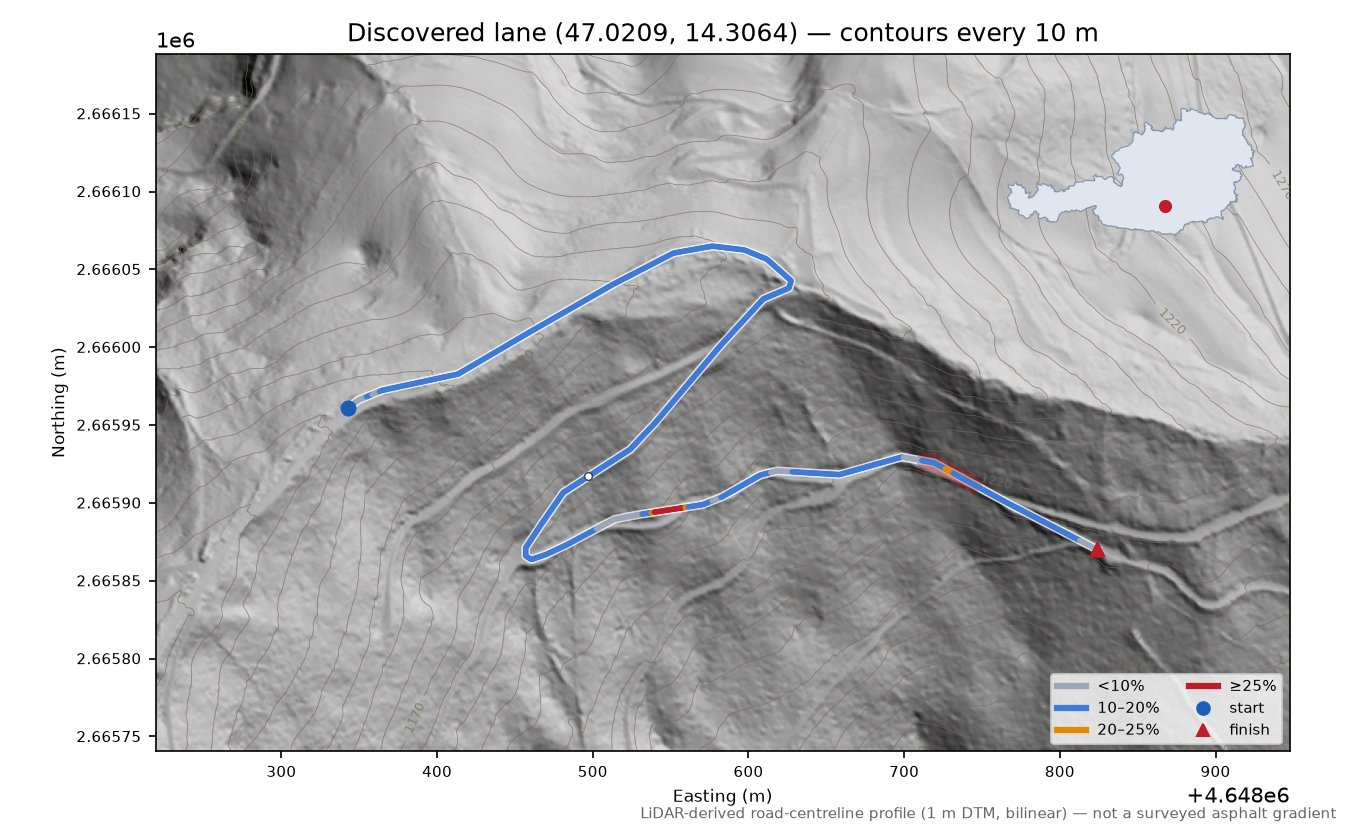Discovered lane (47.0209, 14.3064) LiDAR hillshade map with contours