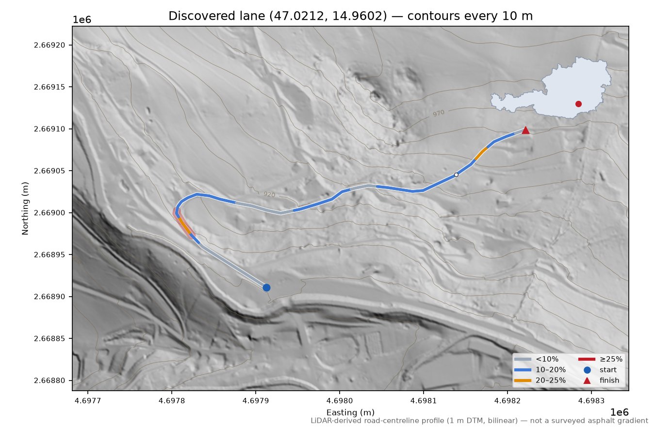 Discovered lane (47.0212, 14.9602) LiDAR hillshade map with contours