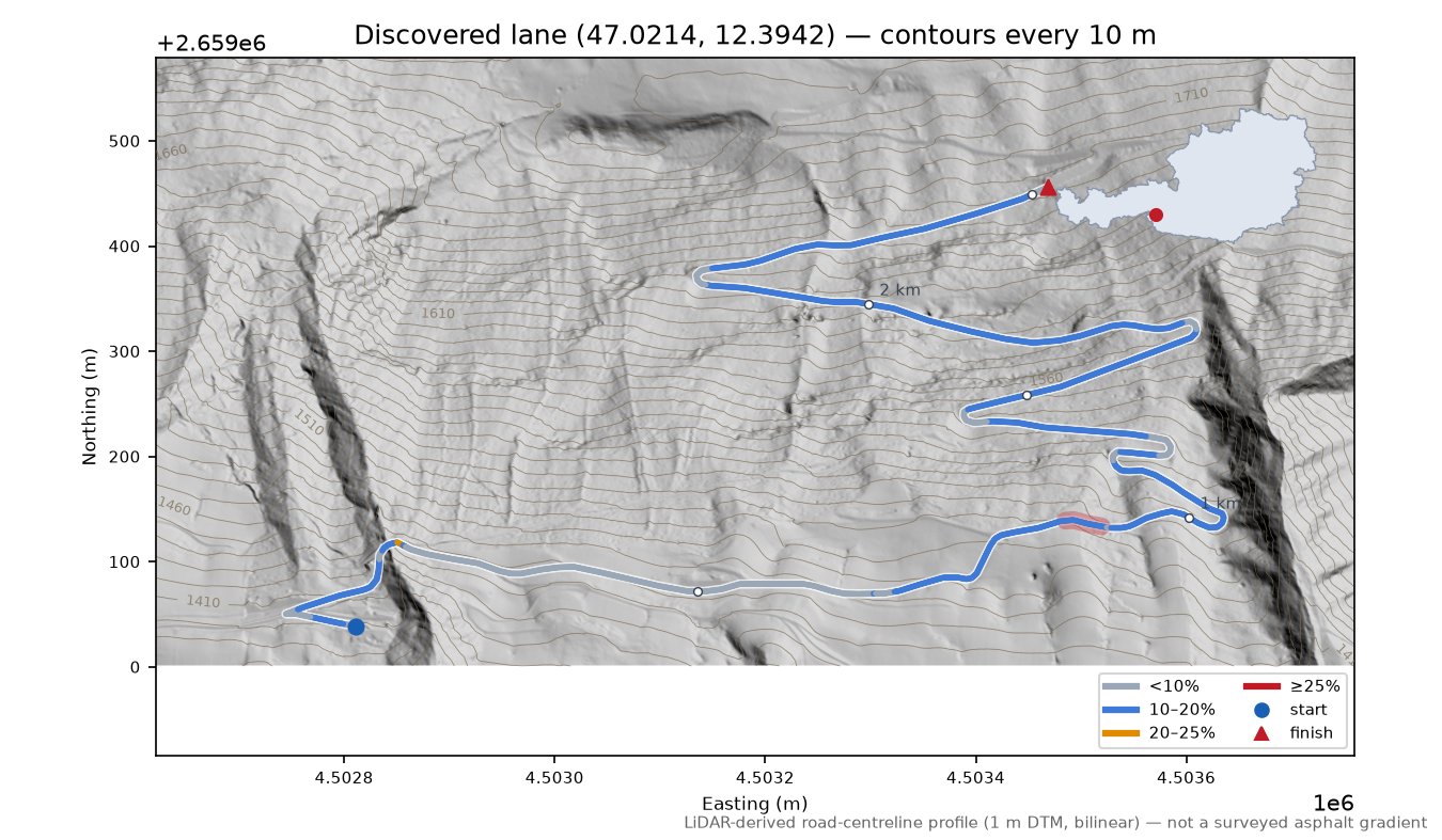 Discovered lane (47.0214, 12.3942) LiDAR hillshade map with contours