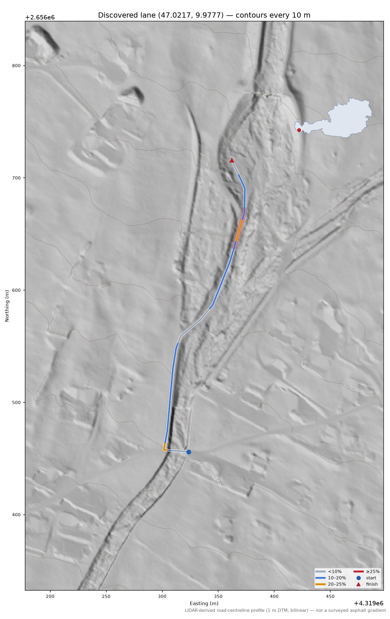 Discovered lane (47.0217, 9.9777) LiDAR hillshade map with contours