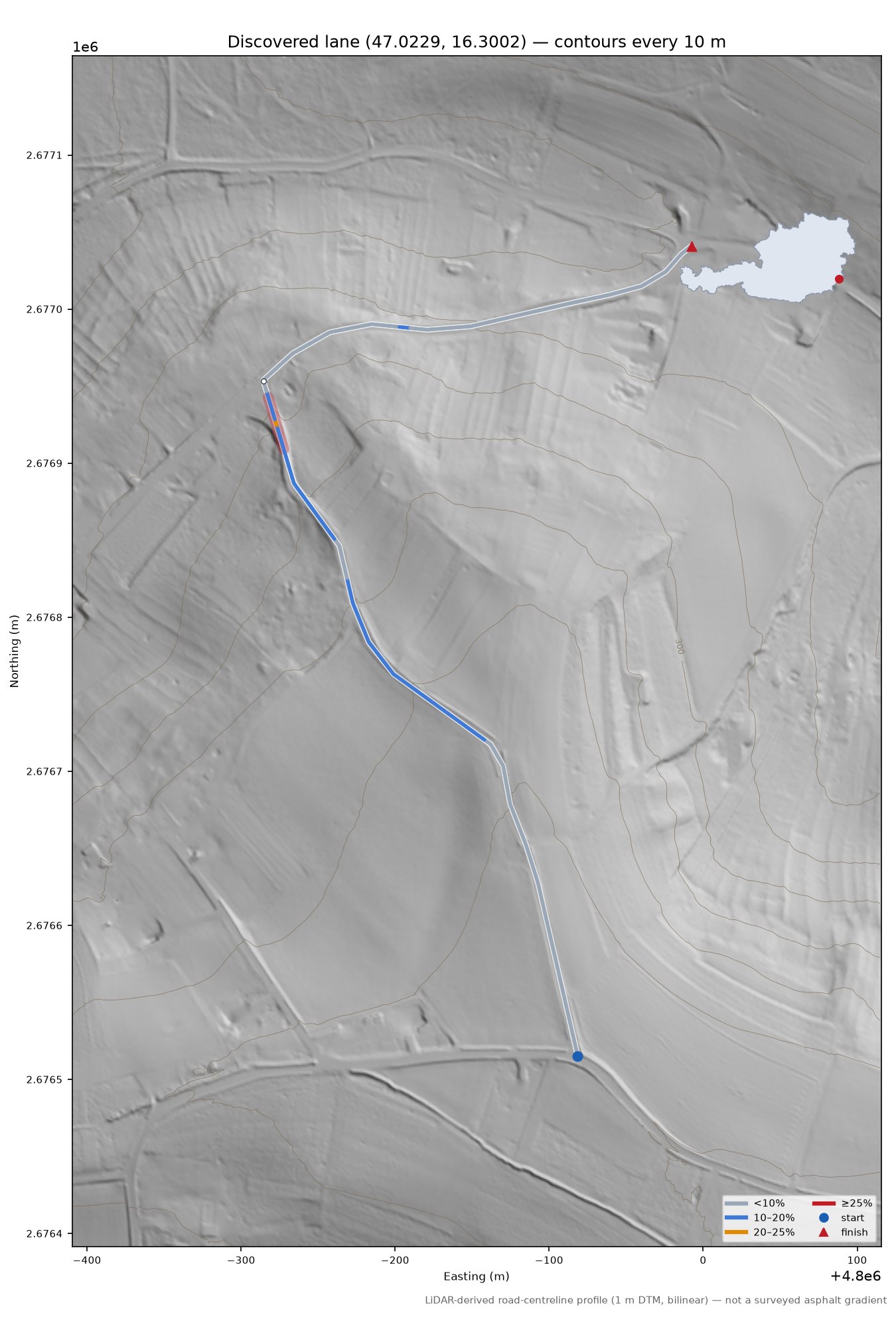 Discovered lane (47.0229, 16.3002) LiDAR hillshade map with contours