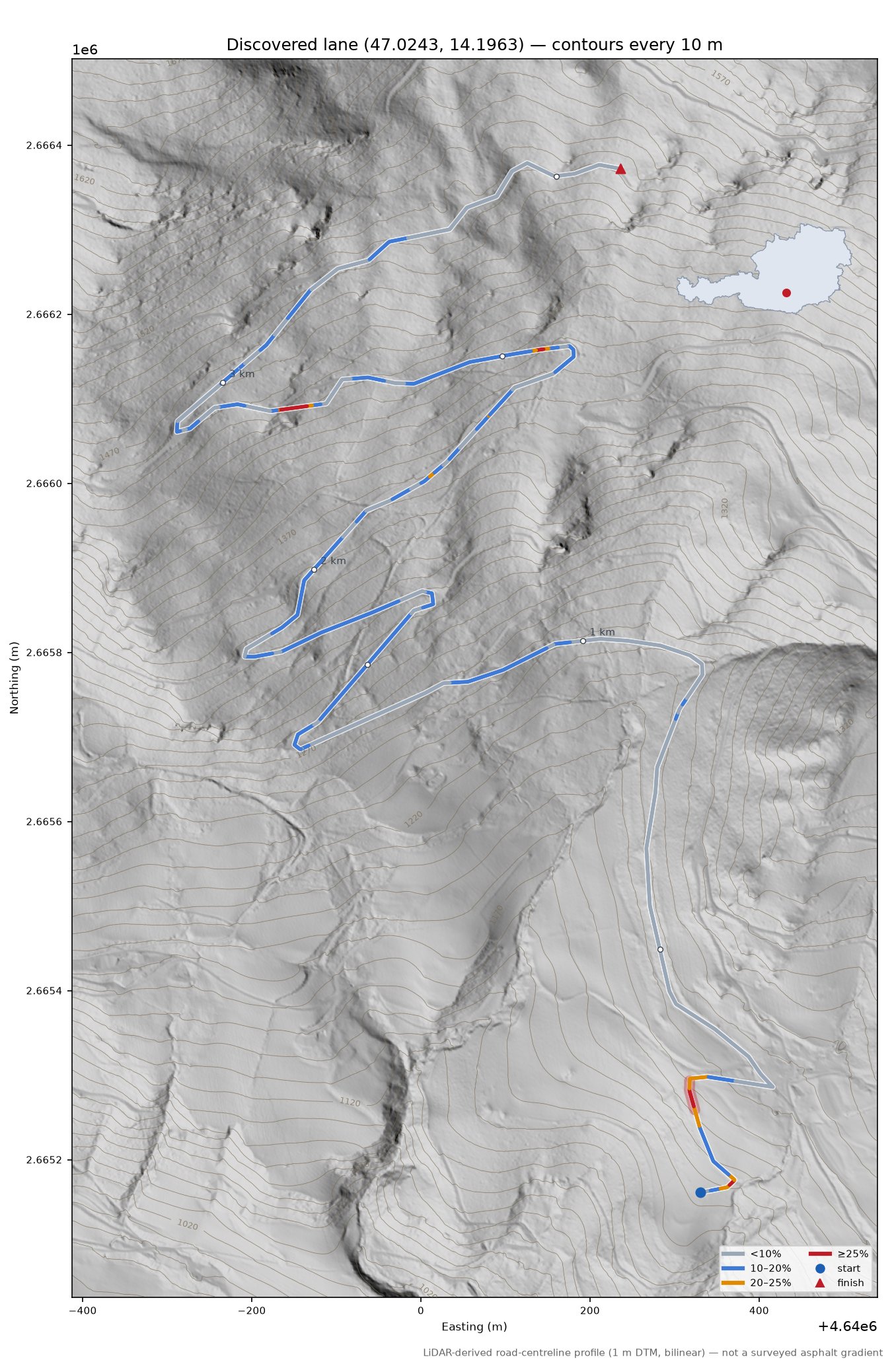 Discovered lane (47.0243, 14.1963) LiDAR hillshade map with contours