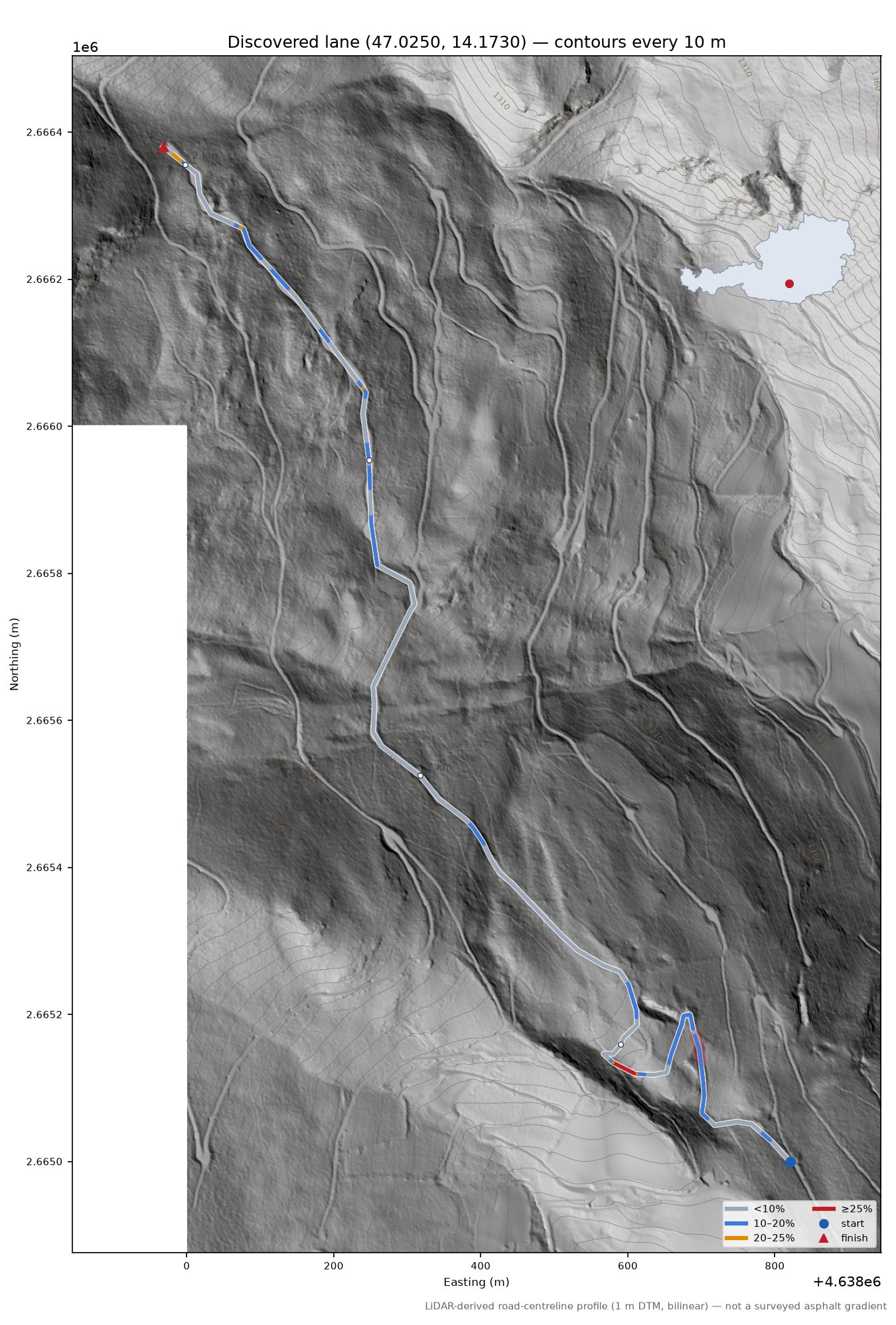 Discovered lane (47.0250, 14.1730) LiDAR hillshade map with contours